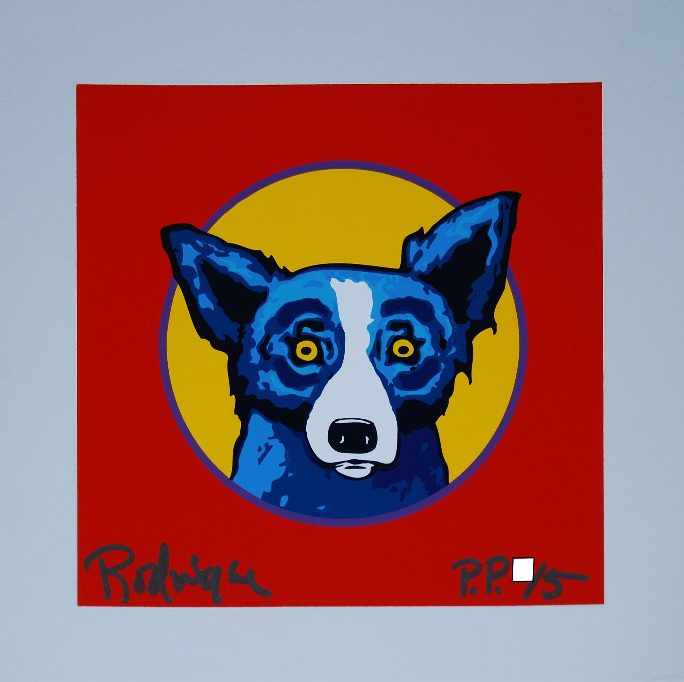 George Rodrigue Animal Print - Bullseye Red - Signed Silkscreen Blue Dog Print