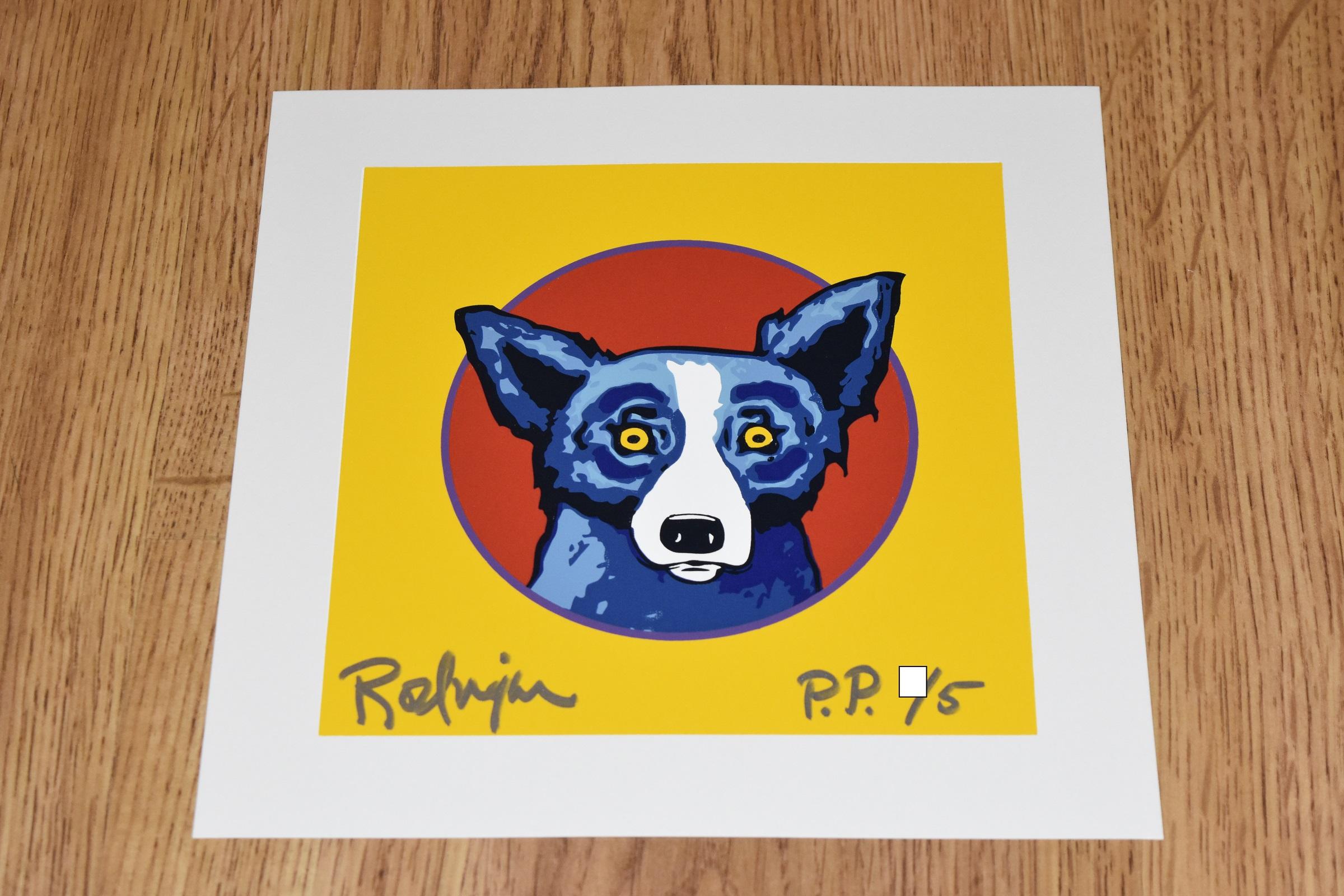 Yellow Bullseye, sérigraphie signée, chien bleu - Print de George Rodrigue