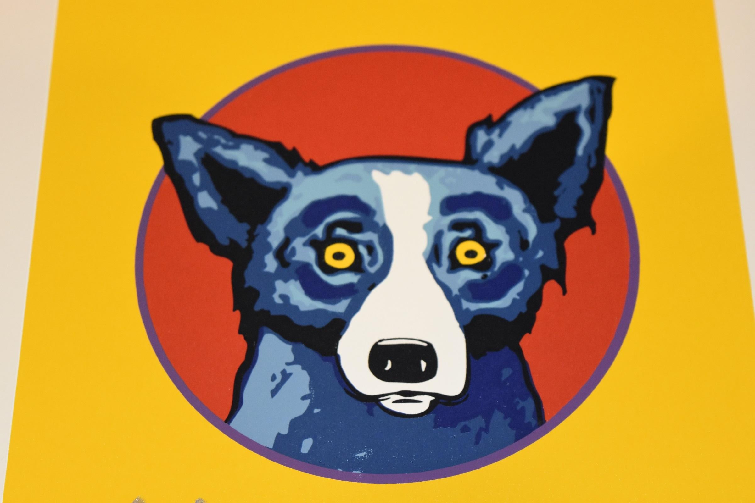 Bullseye Yellow - Signierter Siebdruck Blauer Hund (Pop-Art), Print, von George Rodrigue