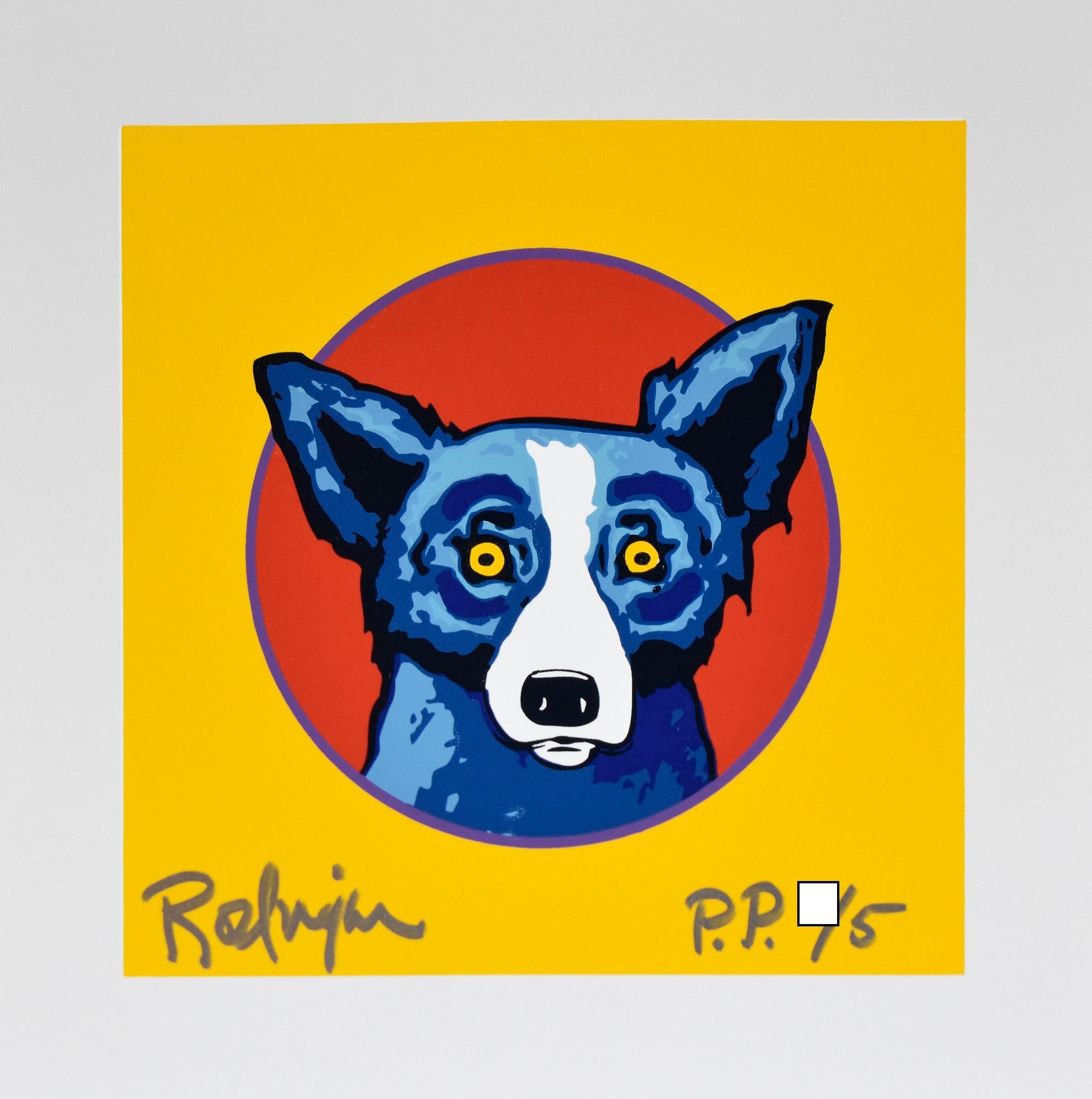George Rodrigue Animal Print – Bullseye Yellow - Signierter Siebdruck Blauer Hund