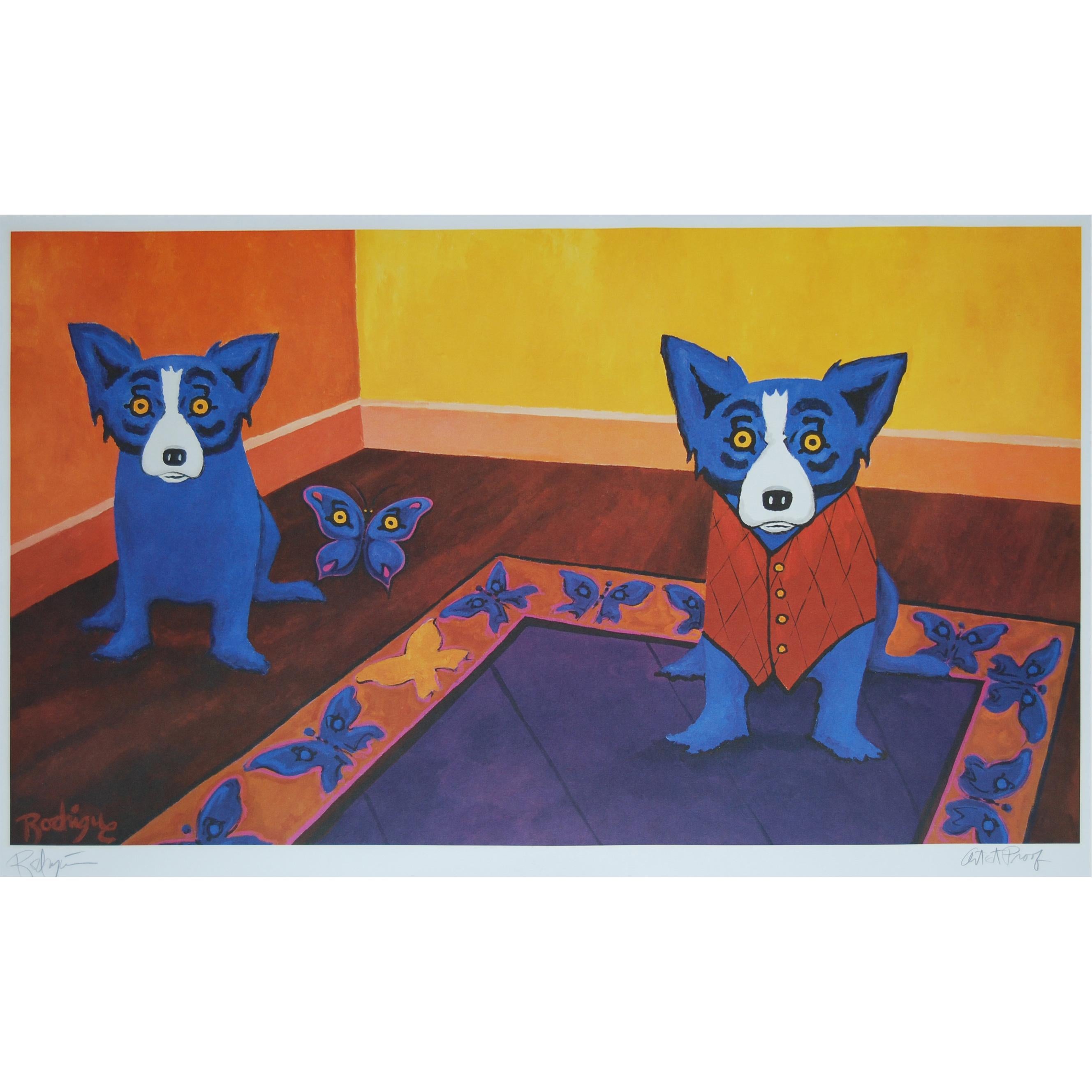 George Rodrigue Animal Print - Butterflies Are Free - Signed Silkscreen Print Blue Dog