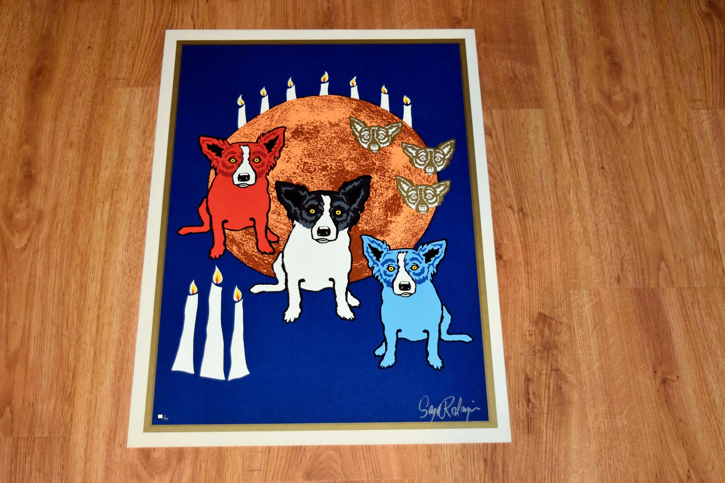 By the Light Of the Moon - Signierter blauer Seidendruck Hund – Print von George Rodrigue