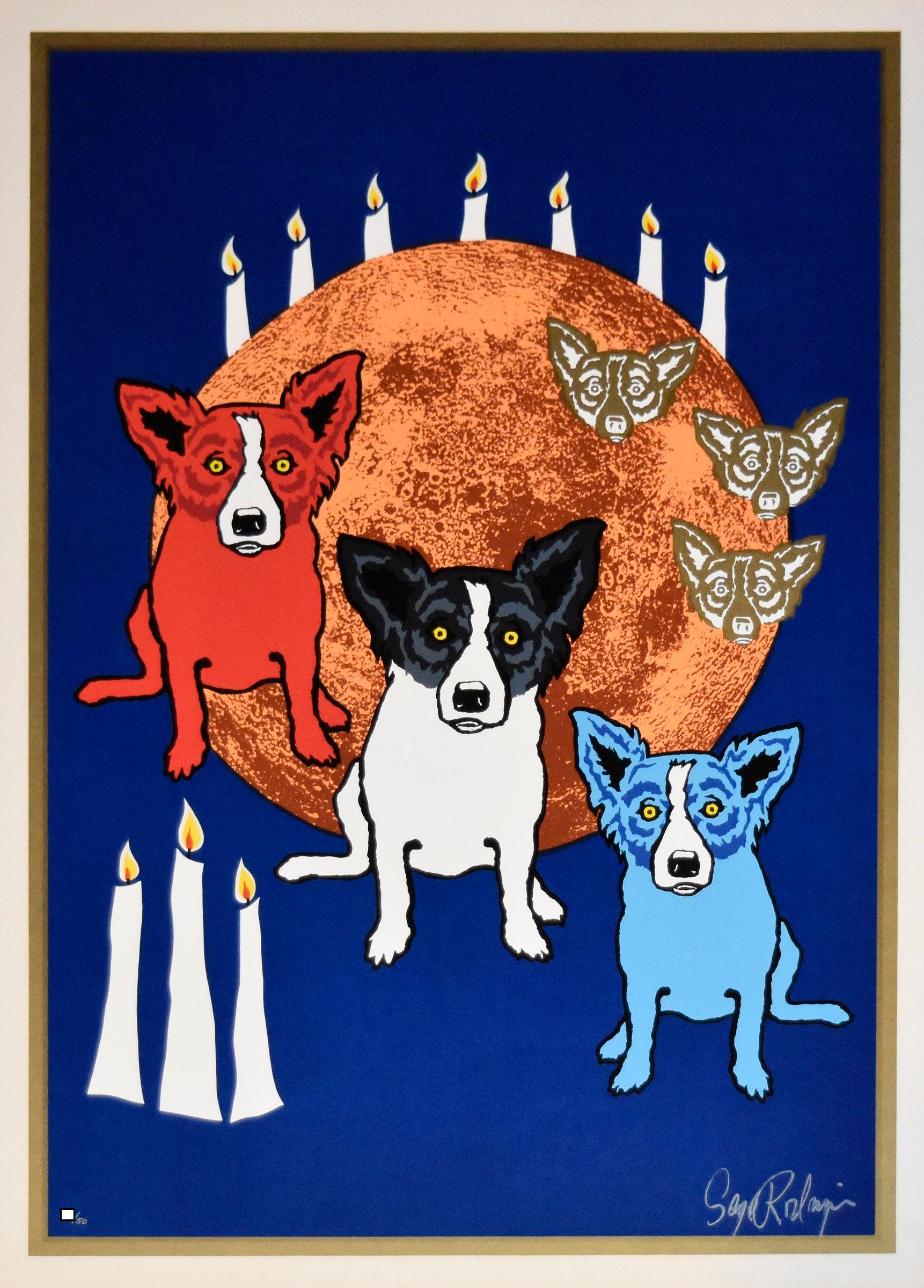 George Rodrigue Animal Print – By the Light Of the Moon - Signierter blauer Seidendruck Hund