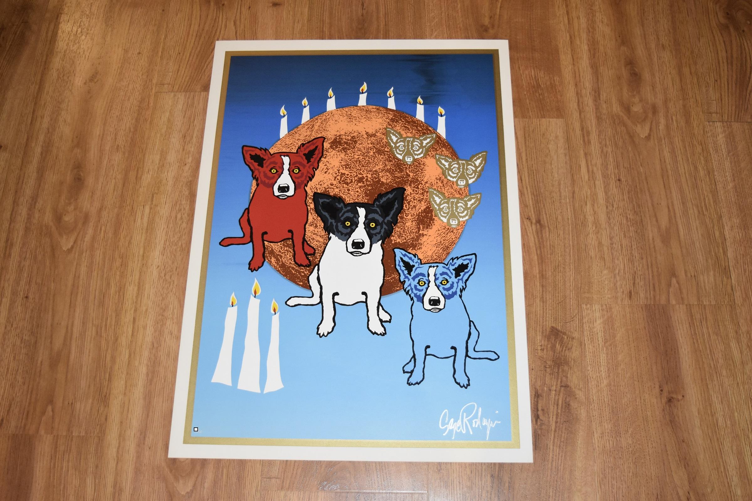 Font fendu By The Light of the Moon - Impression sérigraphiée en soie avec chien bleu signée - Print de George Rodrigue