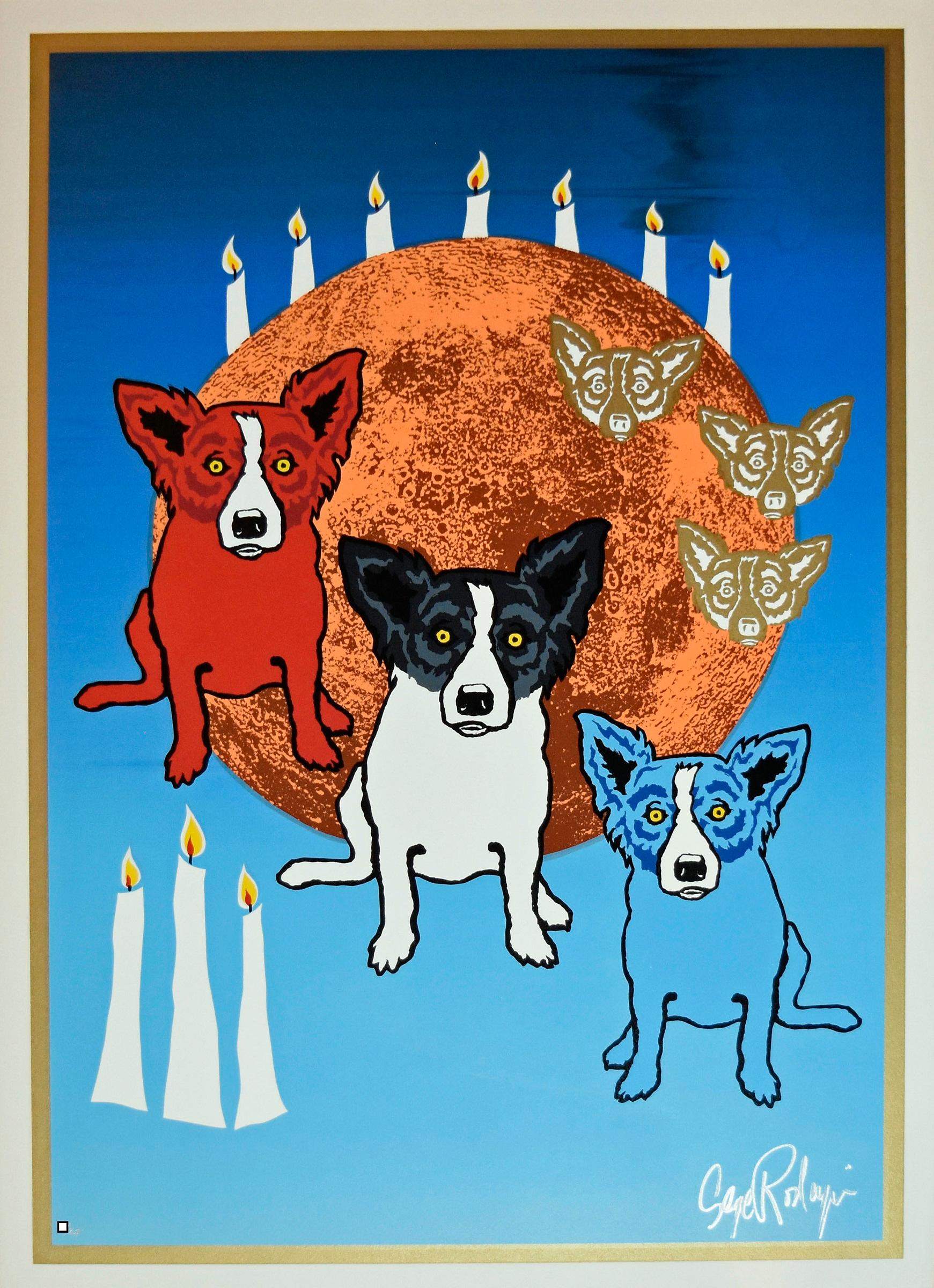 George Rodrigue Animal Print - By The Light of the Moon Split Font - Signed Silkscreen Print Blue Dog