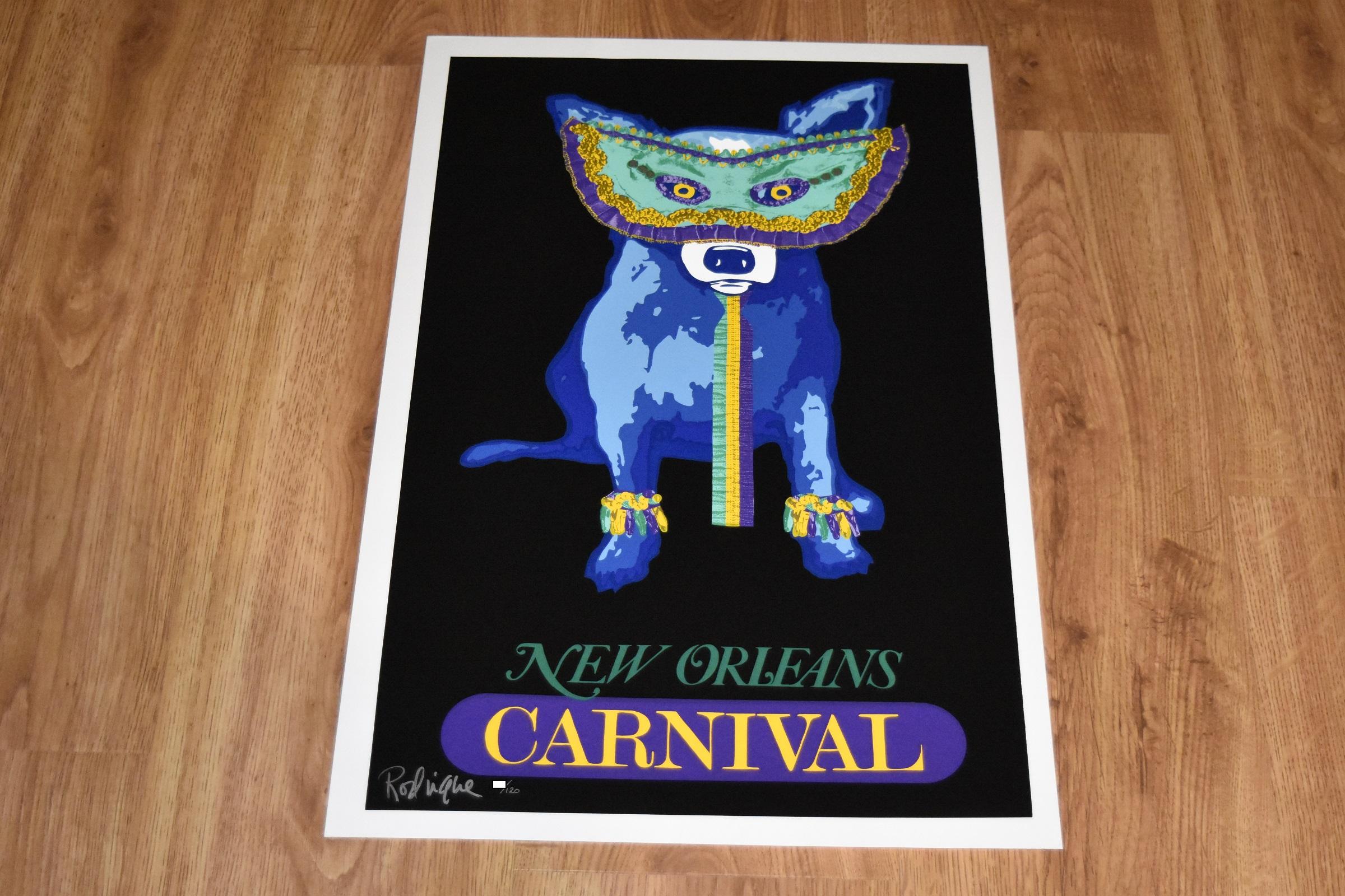 Carnival Time - Noir - Sérigraphie en soie signée - Chien bleu - Print de George Rodrigue
