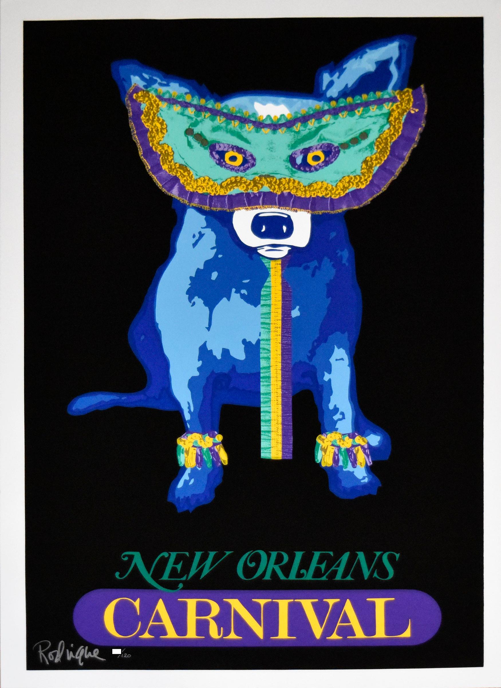 George Rodrigue Animal Print - Carnival Time - Black - Signed Silkscreen Print - Blue Dog