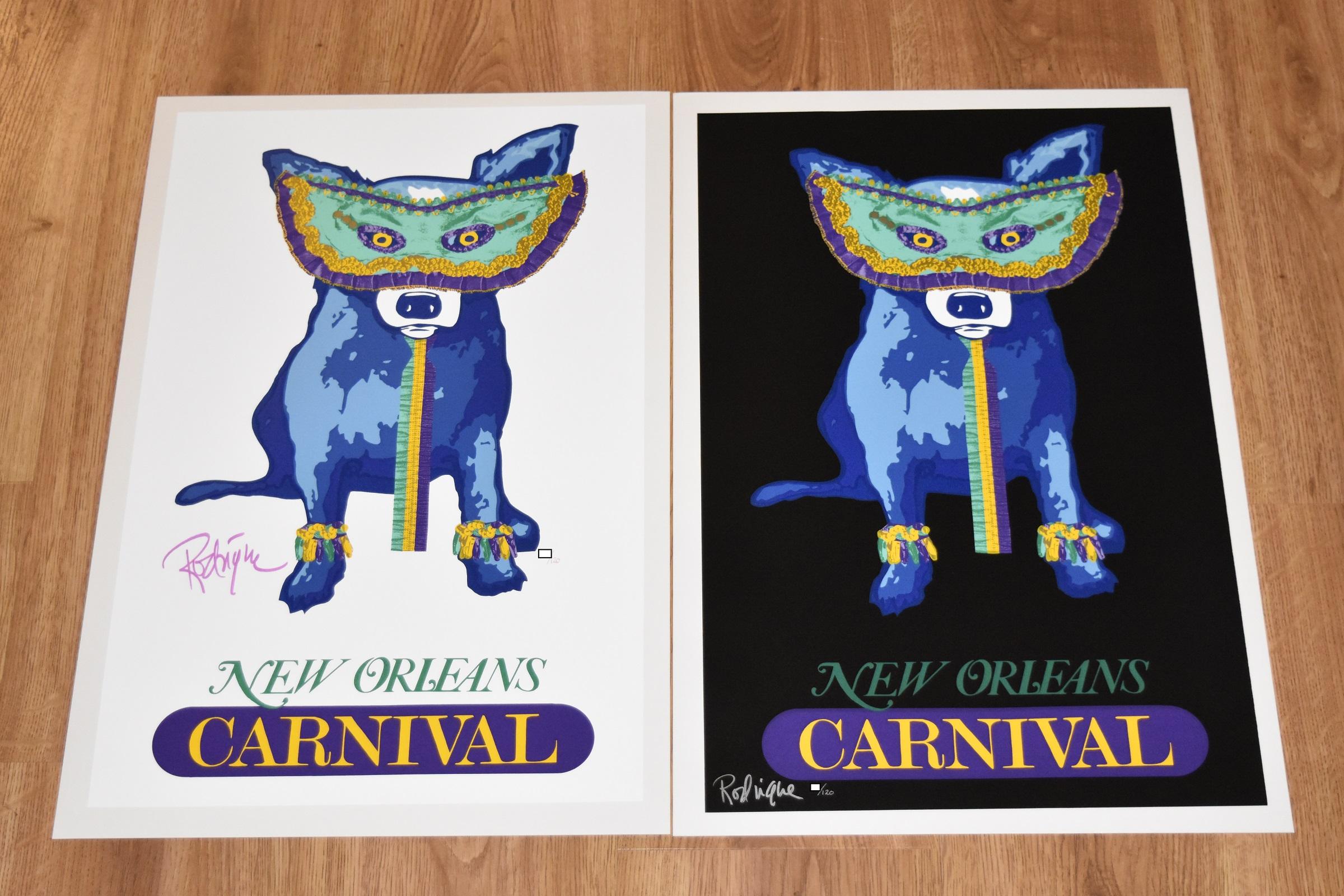 Karnevalszeit - Weiß/Schwarz - 2er-Set - Signierter Siebdruck - Blauer Hund – Print von George Rodrigue