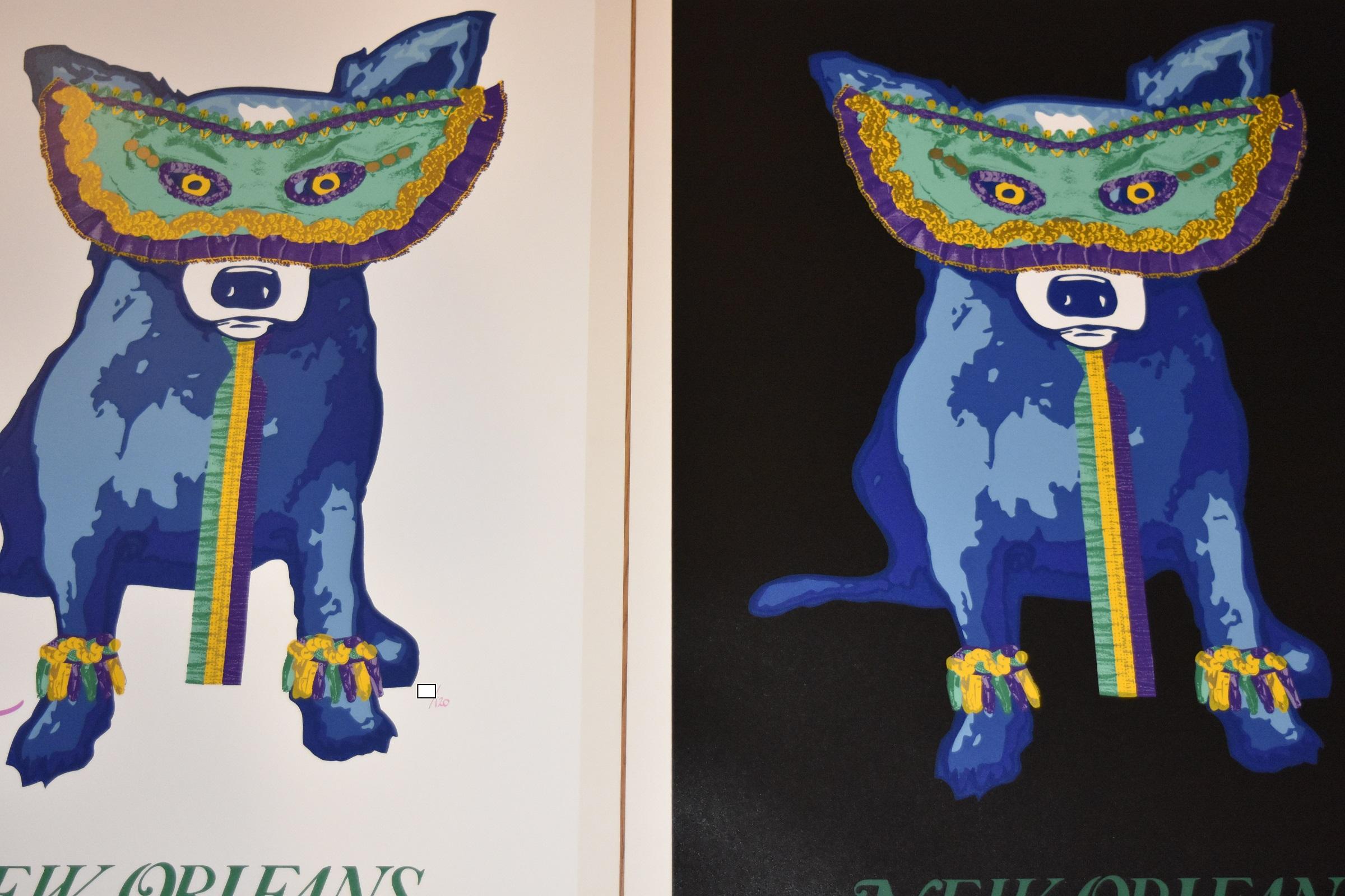 Karnevalszeit - Weiß/Schwarz - 2er-Set - Signierter Siebdruck - Blauer Hund (Pop-Art), Print, von George Rodrigue