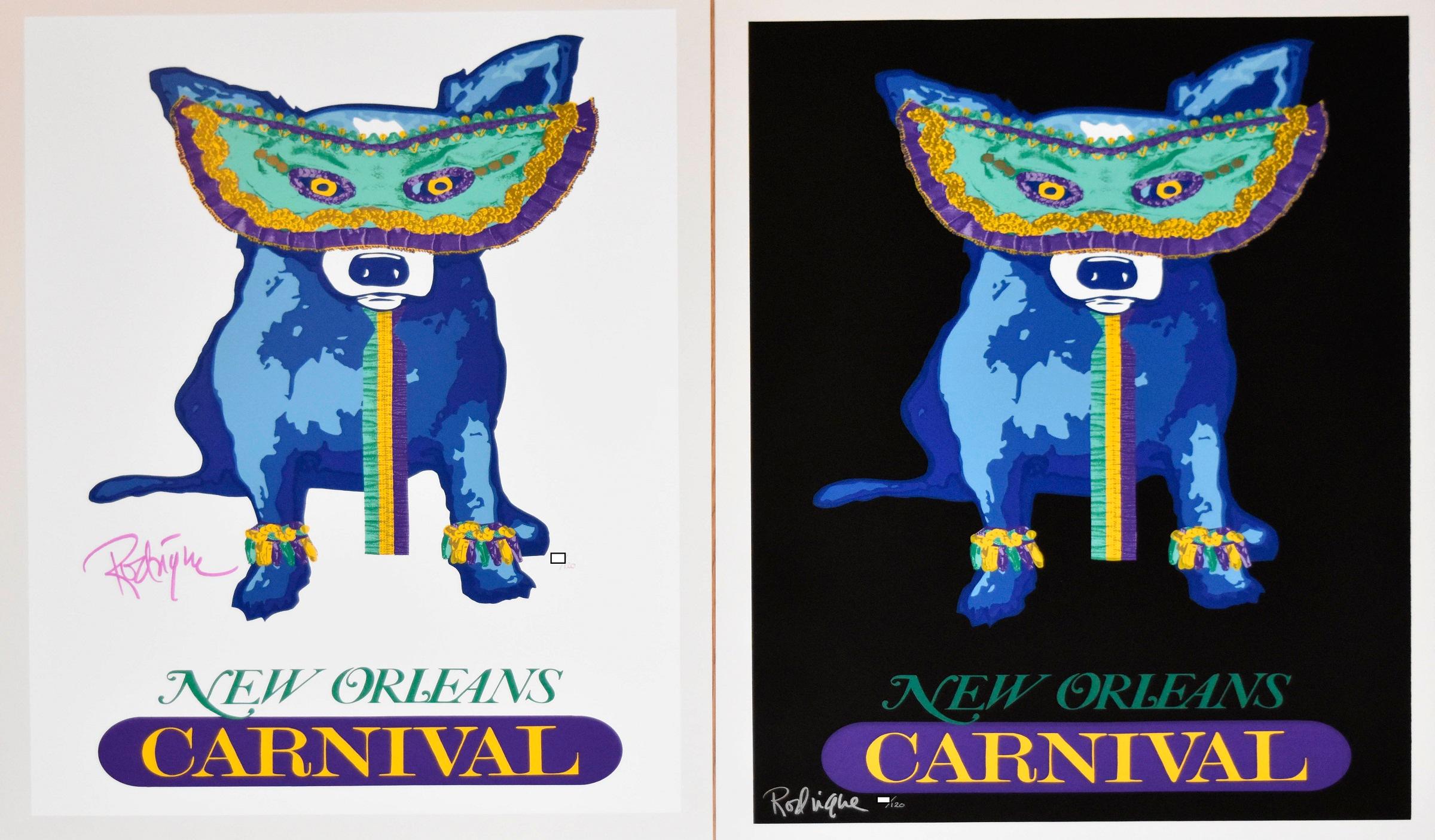 George Rodrigue Animal Print – Karnevalszeit - Weiß/Schwarz - 2er-Set - Signierter Siebdruck - Blauer Hund