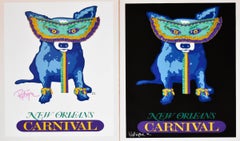 Vintage Carnival Time - White/Black - Set of 2 - Signed Silkscreen Print - Blue Dog