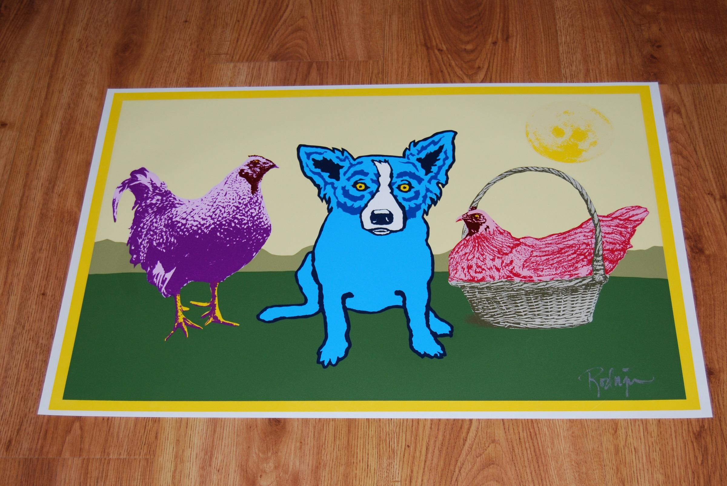 Chicken In A Basket Gelber Mond - Signierter Siebdruck mit blauem Hundedruck Auflage von 10 – Print von George Rodrigue