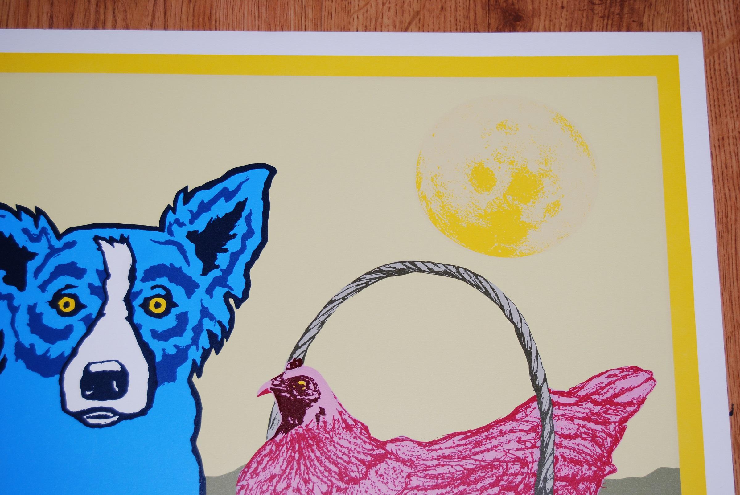 Chicken In A Basket Gelber Mond - Signierter Siebdruck mit blauem Hundedruck Auflage von 10 (Pop-Art), Print, von George Rodrigue