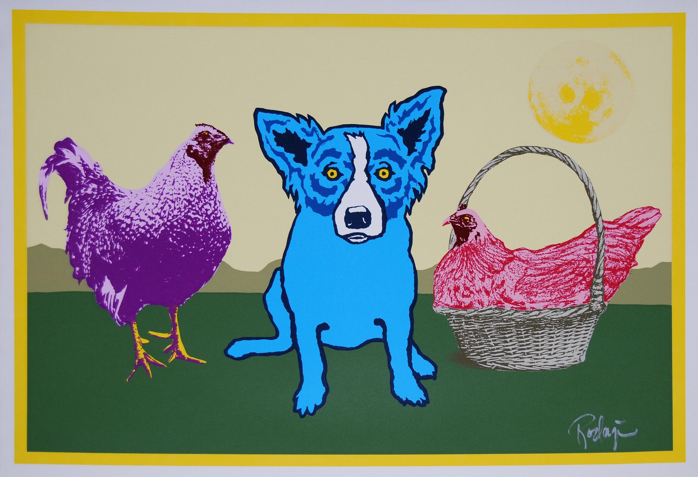 George Rodrigue Animal Print – Chicken In A Basket Gelber Mond - Signierter Siebdruck mit blauem Hundedruck Auflage von 10