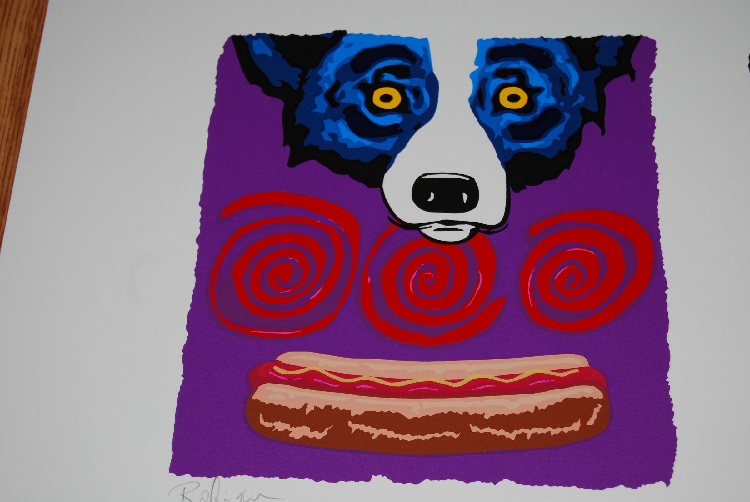 Couleur Me moutarde - Sérigraphie en soie imprimée de chien bleu signée - Pop Art Print par George Rodrigue