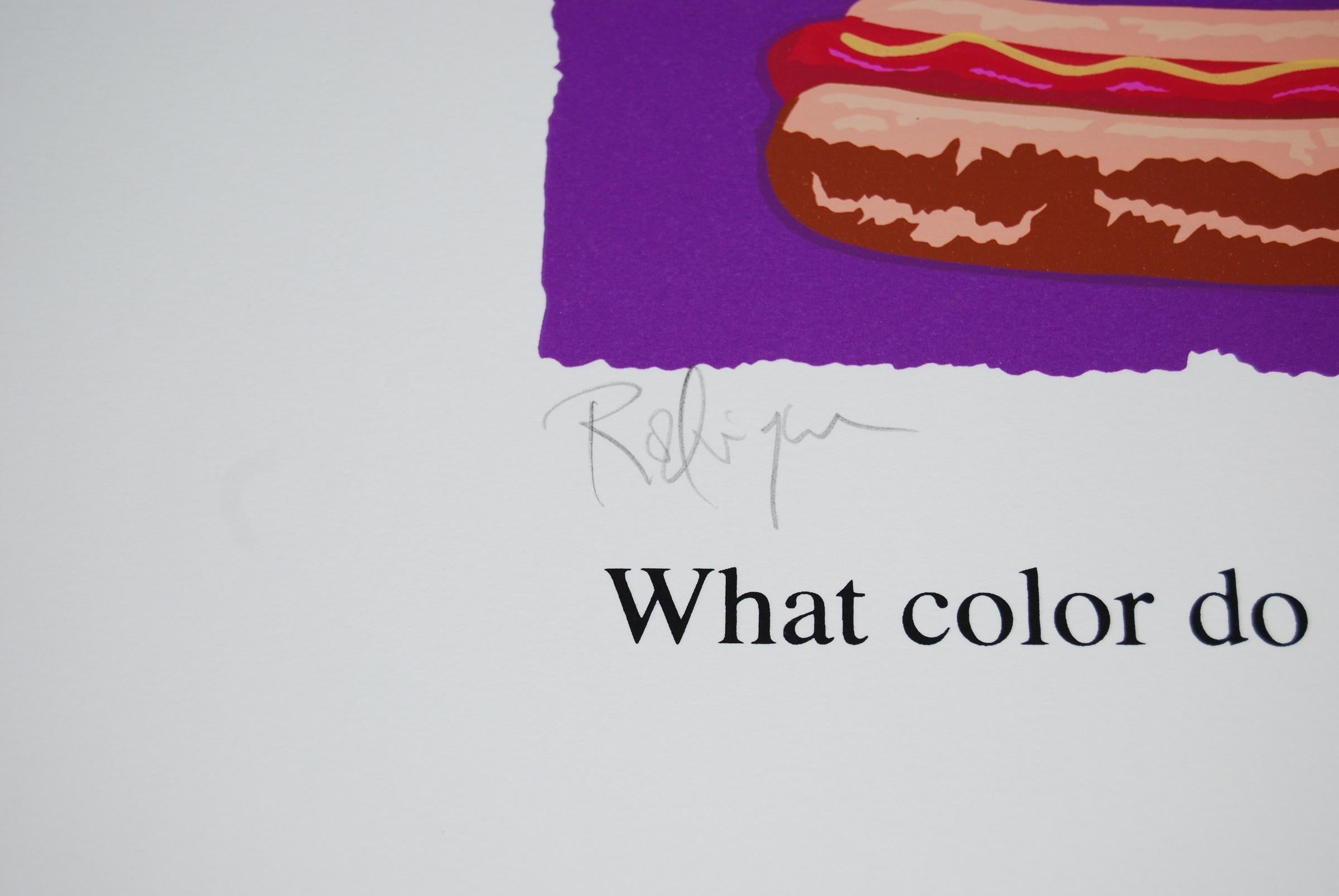 Cette œuvre Blue Dog se compose de 2 cadres ; l'un avec la tête d'un chien bleu avec un fond violet qui se cache au-dessus d'un hot dog fraîchement cuit.  Le deuxième cadre a un chien jaune sur un fond bleu et un cadre décoré peint en violet.  Le