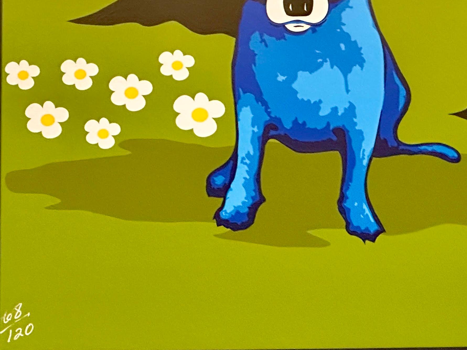 “Daisies for You” (2005), 14x18 unframed, offered framed. 

One of the few Blue Dog original silkscreens to feature both daises and the iconic oak and bayou scene, a staple of Rodrigue’s early work, this piece is an excellent example of the artist’s