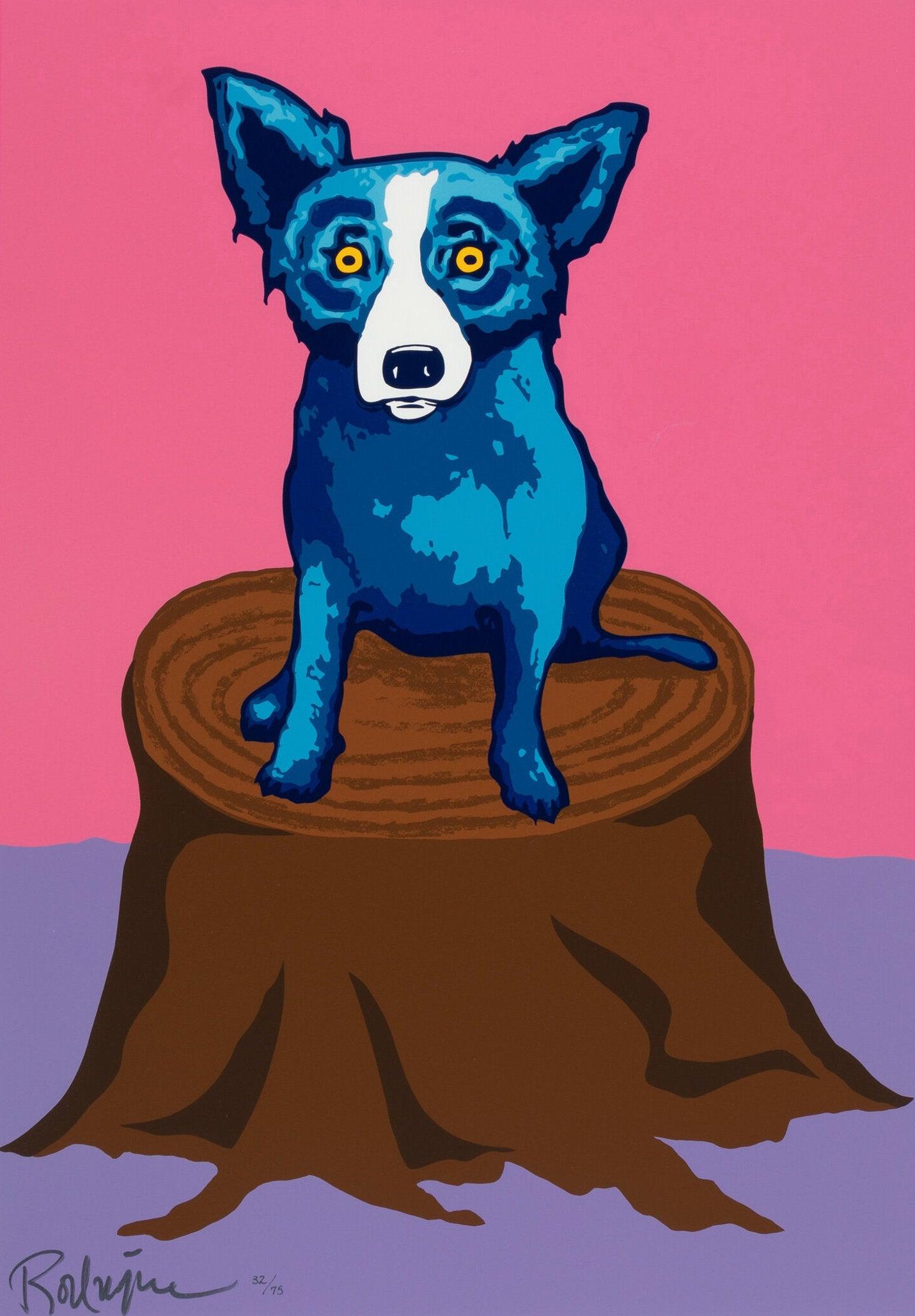George Rodrigue Animal Print - Dog on a Stump