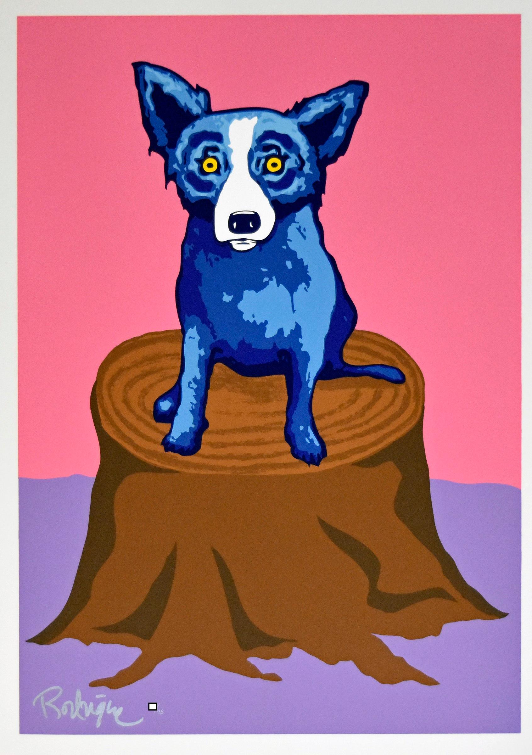 George Rodrigue Animal Print – Dog On a Stump - Signierter Siebdruck
