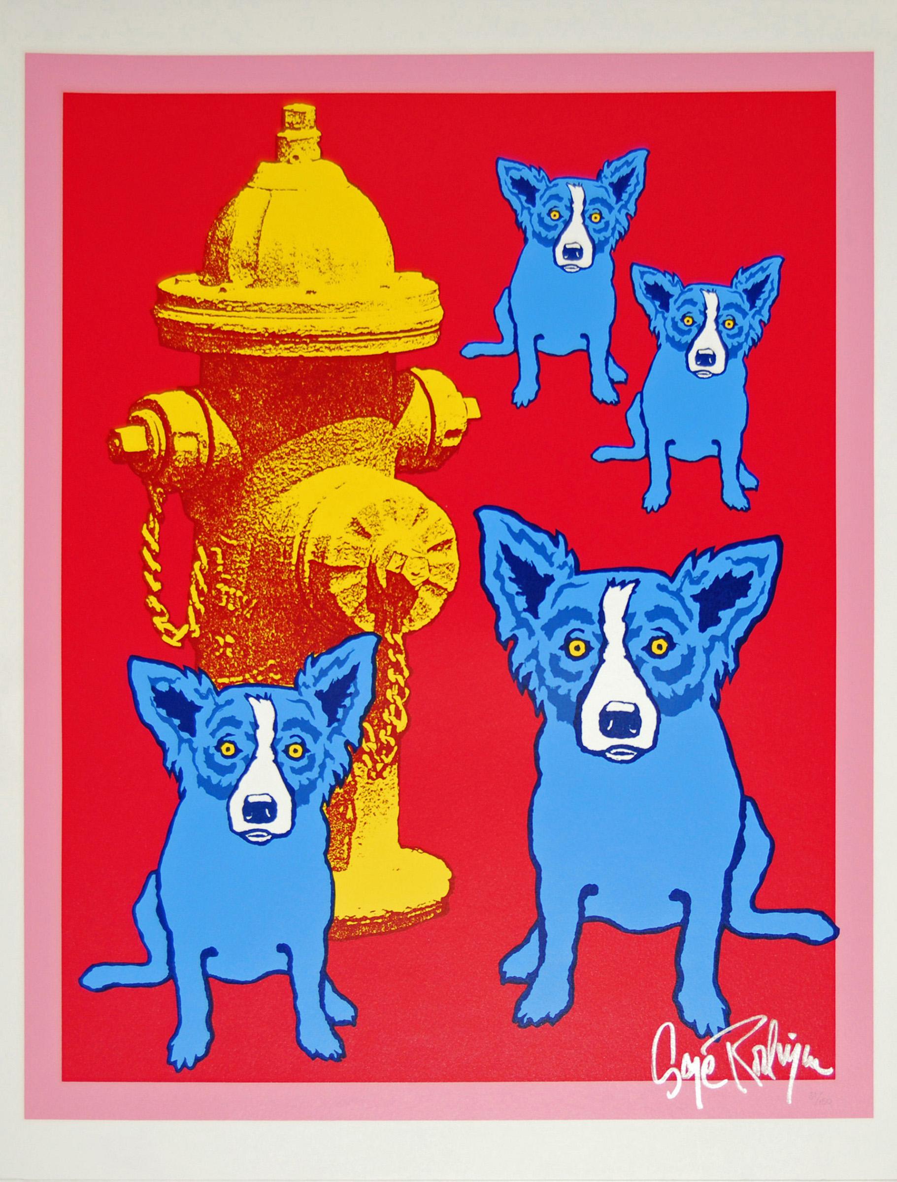 George Rodrigue Animal Print - Dog On Cherry Jello With Fireplug - Signed Silkscreen Print Blue Dog