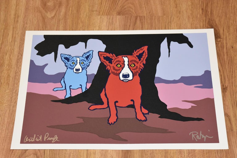 Don't Like Bein' Blue - Signed Silkscreen Print Blue Dog - Pink Animal Print by George Rodrigue
