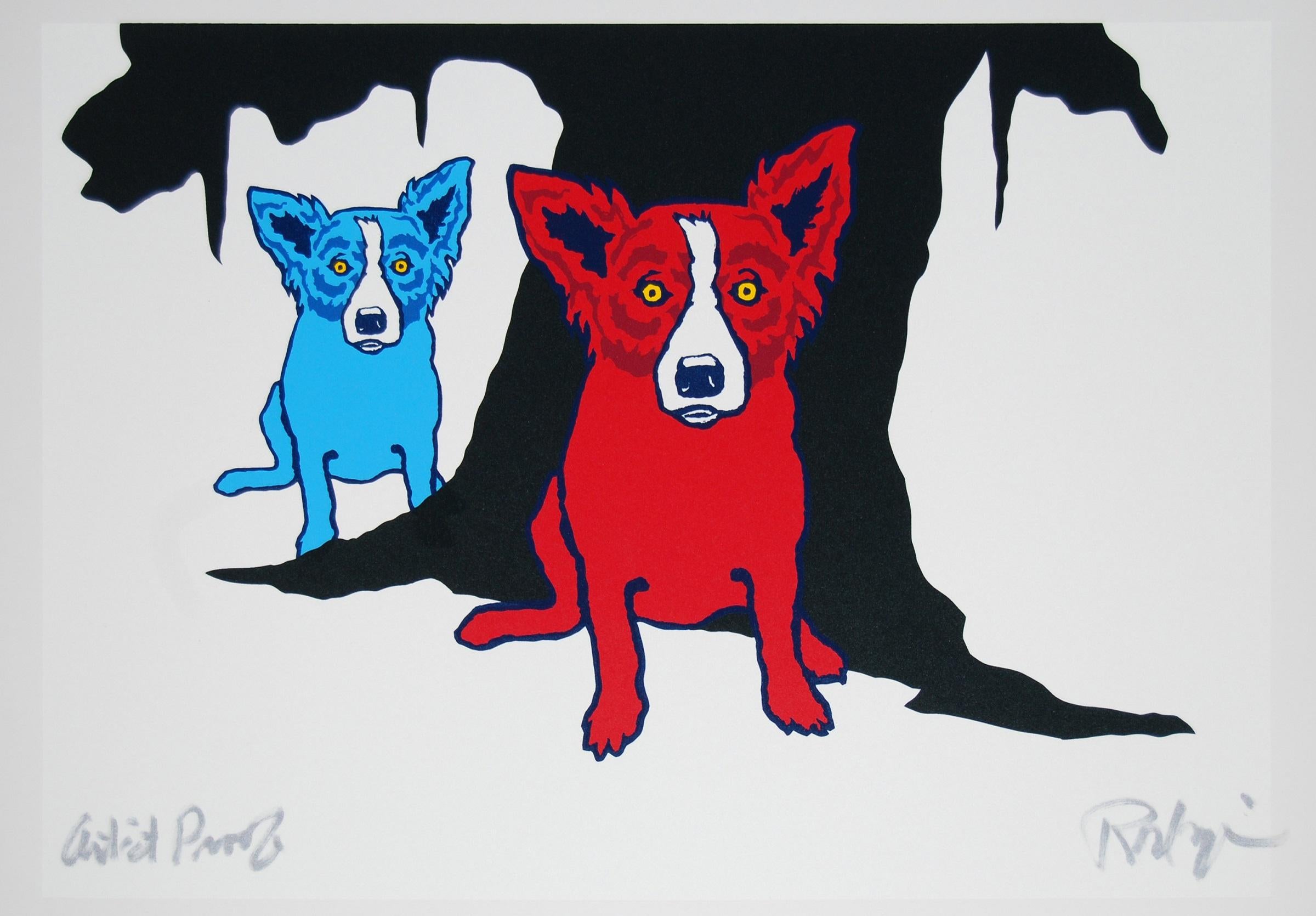 George Rodrigue Animal Print - Don't Like Bein' Blue White - Signed Silkscreen Blue Dog Print