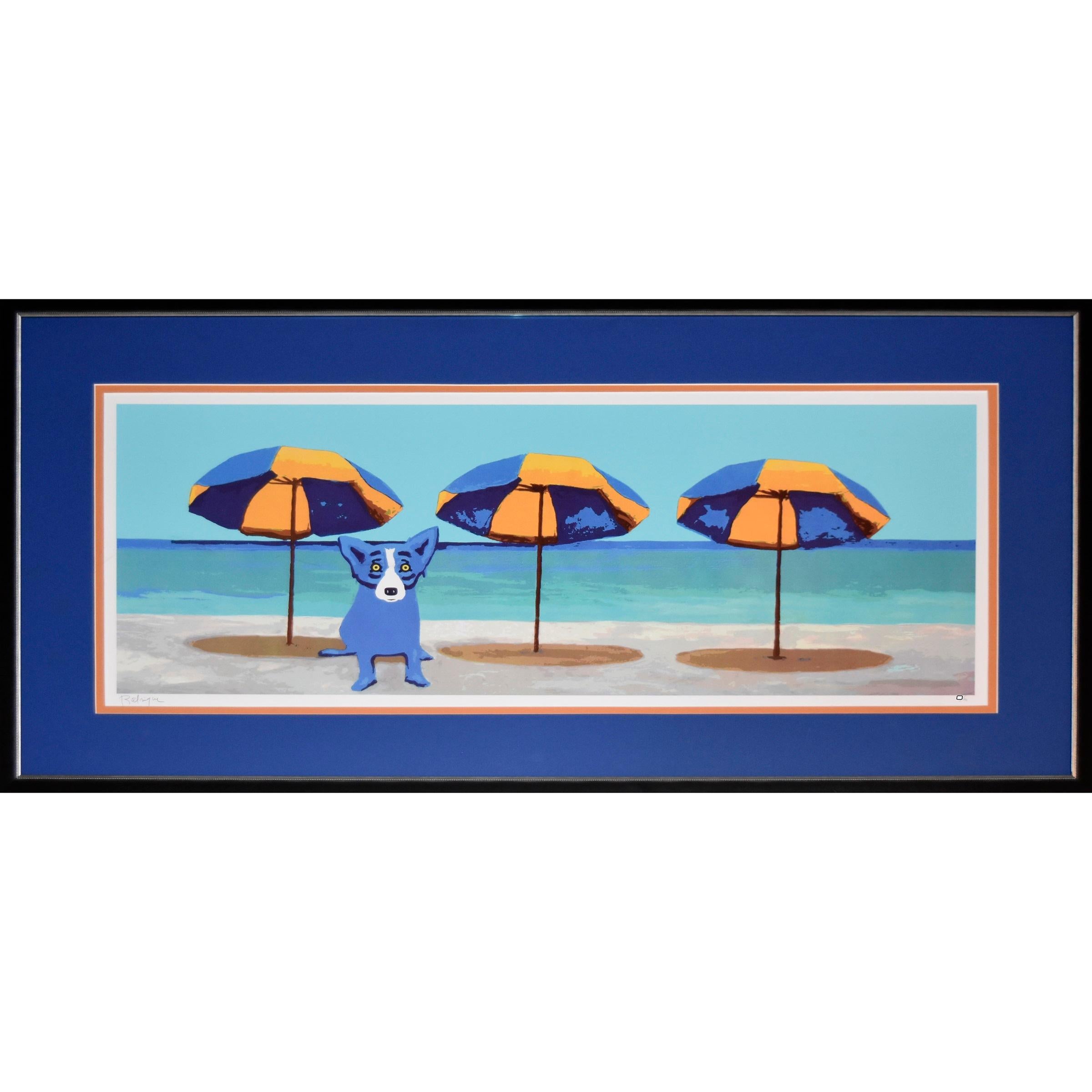 This Blue Dog work consists of one blue dog sitting on the sand with a view of the ocean and 3 blue and yellow striped umbrellas. The dog has soulful yellow eyes.  This pop art animal original silkscreen print on paper is hand signed by the