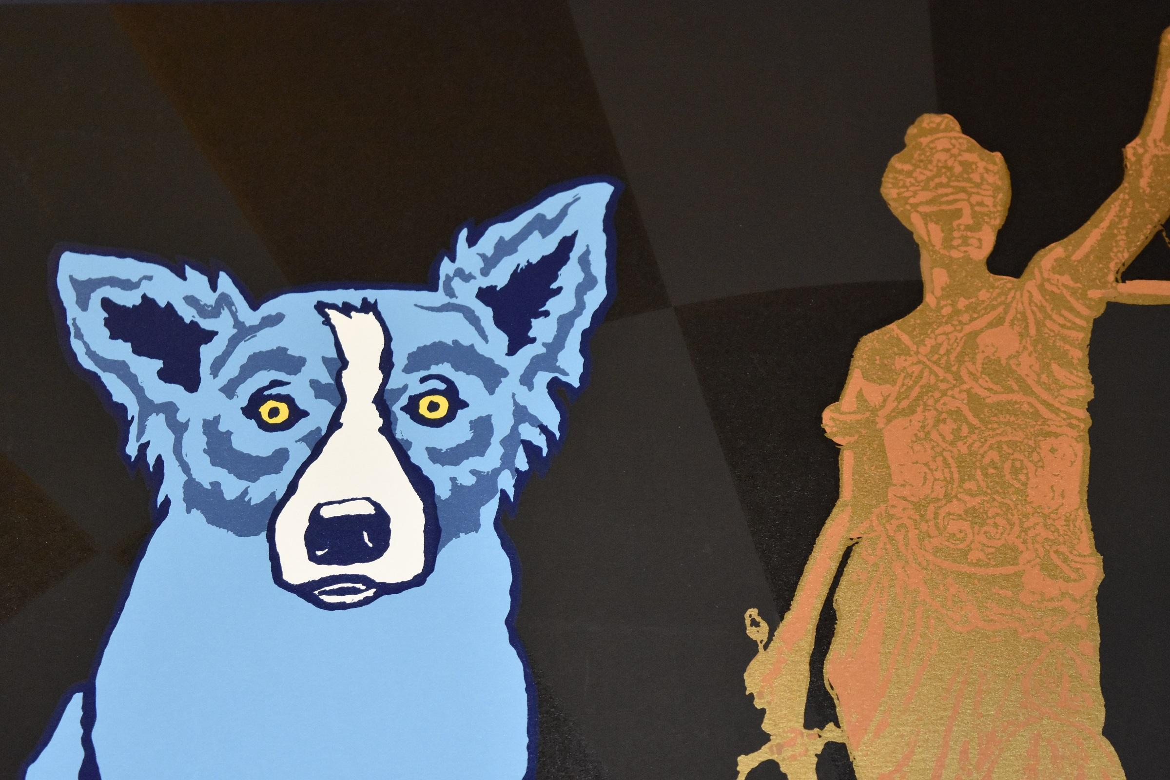 This Blue Dog work consists of 1 blue and 1 red dog on either side of Lady Justice centered and standing on a moon. All are on a two-toned black background and the dogs have soulful yellow eyes. This pop art animal original silkscreen print on paper