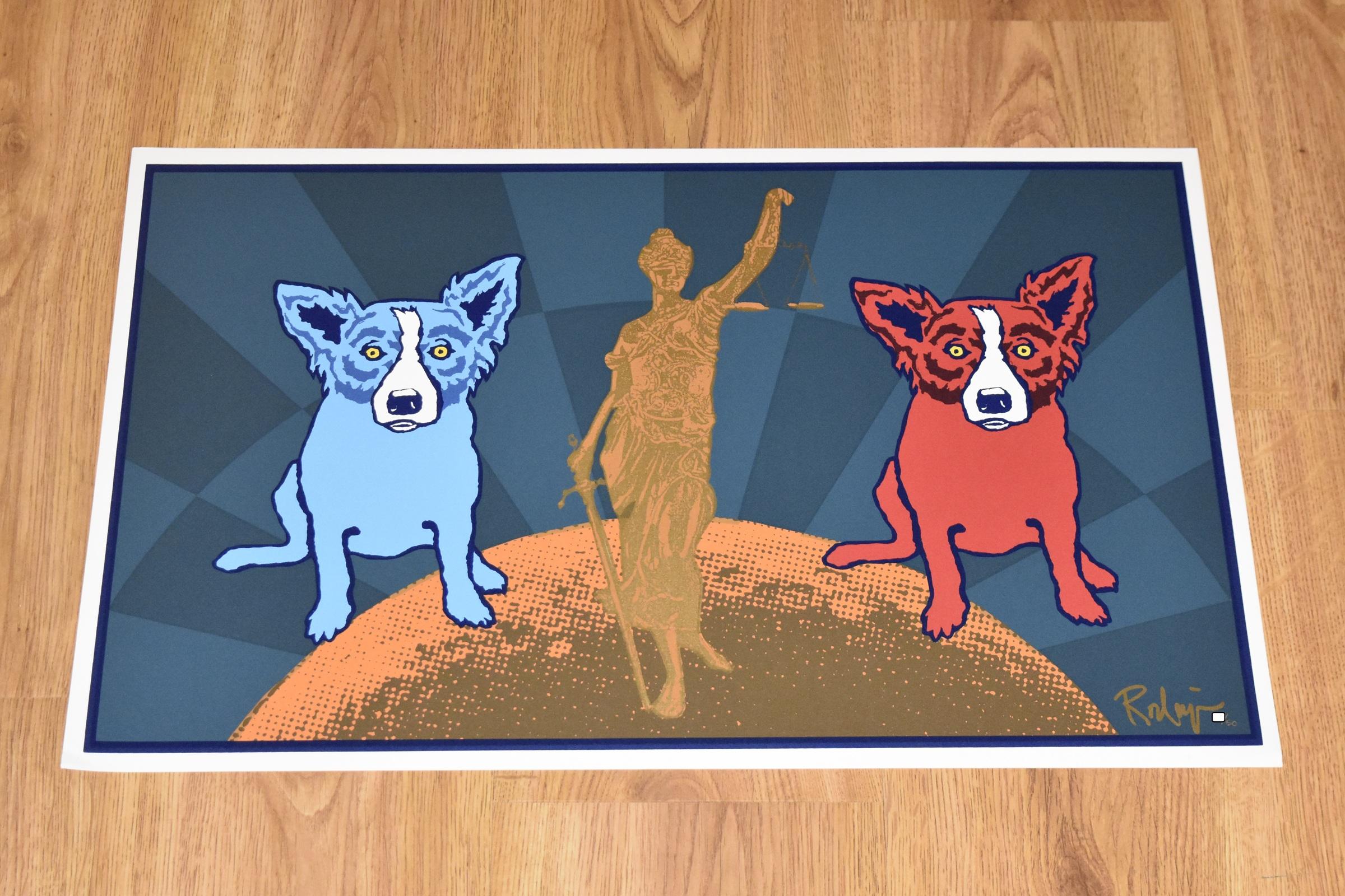 This Blue Dog work consists of 1 blue and 1 red dog on either side of Lady Justice centered and standing on a moon.  All are on a two-toned blue background and the dogs have soulful yellow eyes.  This pop art animal original silkscreen print on