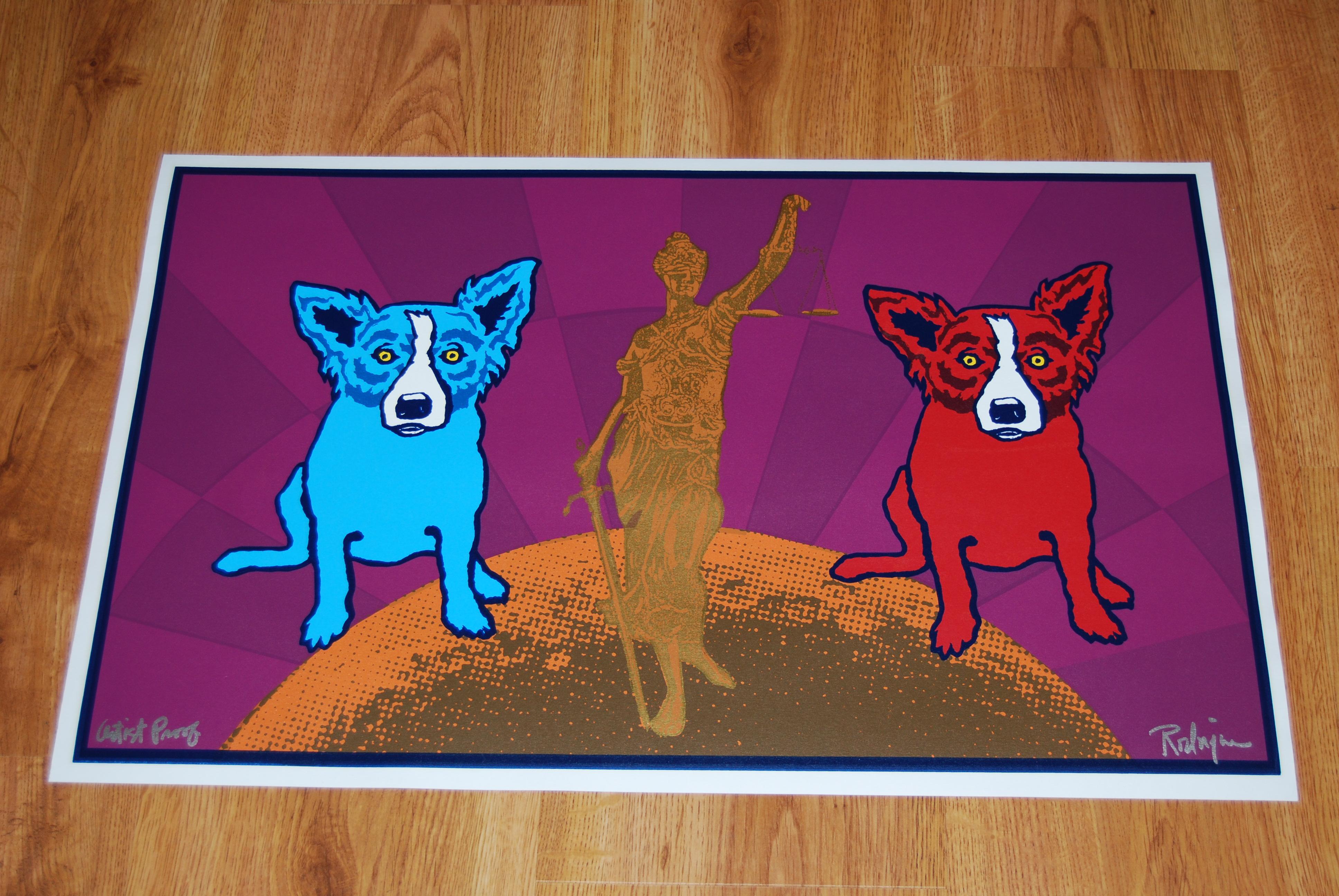 Equal Justice Pink - Serigrafia firmata - Cane blu - Animal Print Viola di George Rodrigue