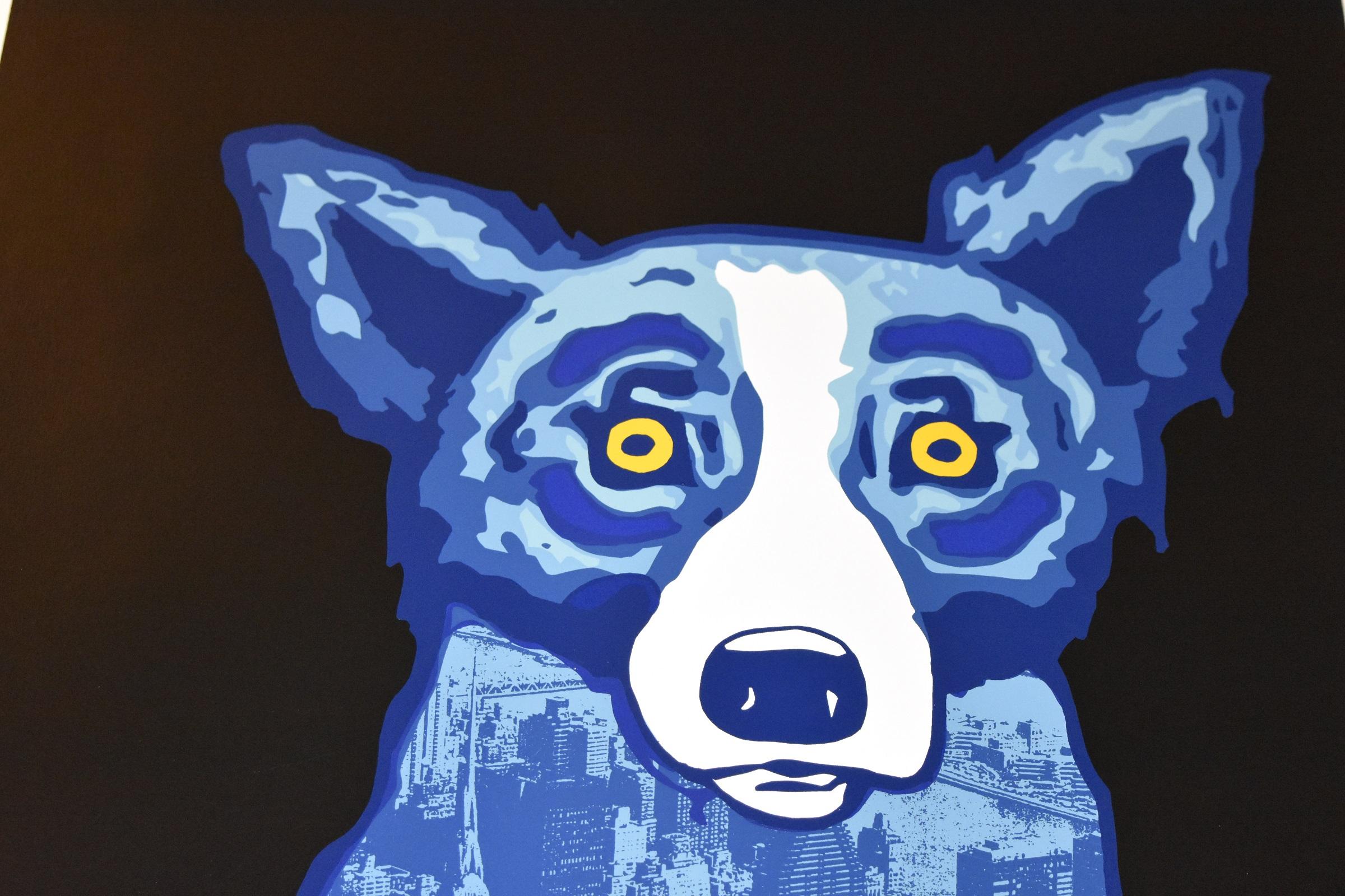 This Blue Dog work consists of 1 dog on a black background.  Up close you can see a major city displayed in the body of the dog. The dog has soulful yellow eyes. This pop art original silkscreen print on paper is guaranteed authentic and hand