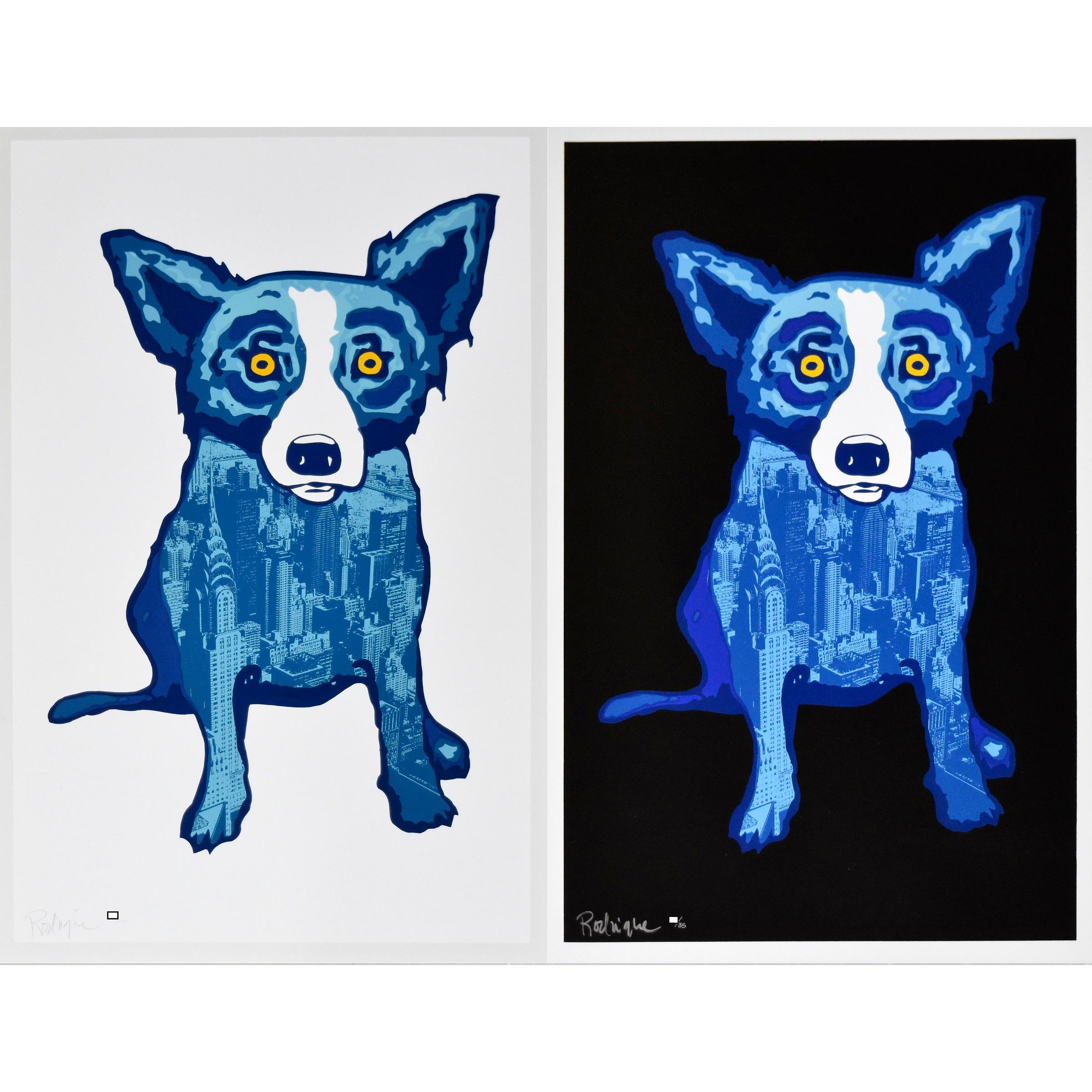 George Rodrigue Animal Print - Blue Dog "City Slicker Black/White Combo" Print Signed Artwork