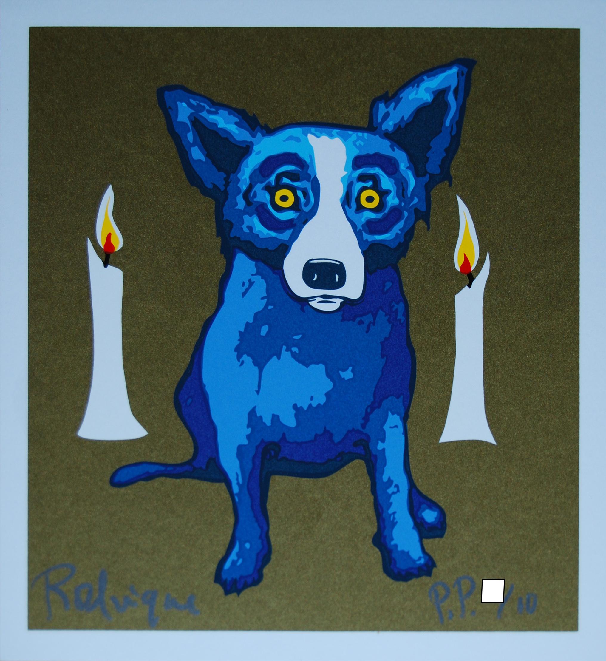 George Rodrigue Animal Print - Golden Flame - Signed Silkscreen Blue Dog Print