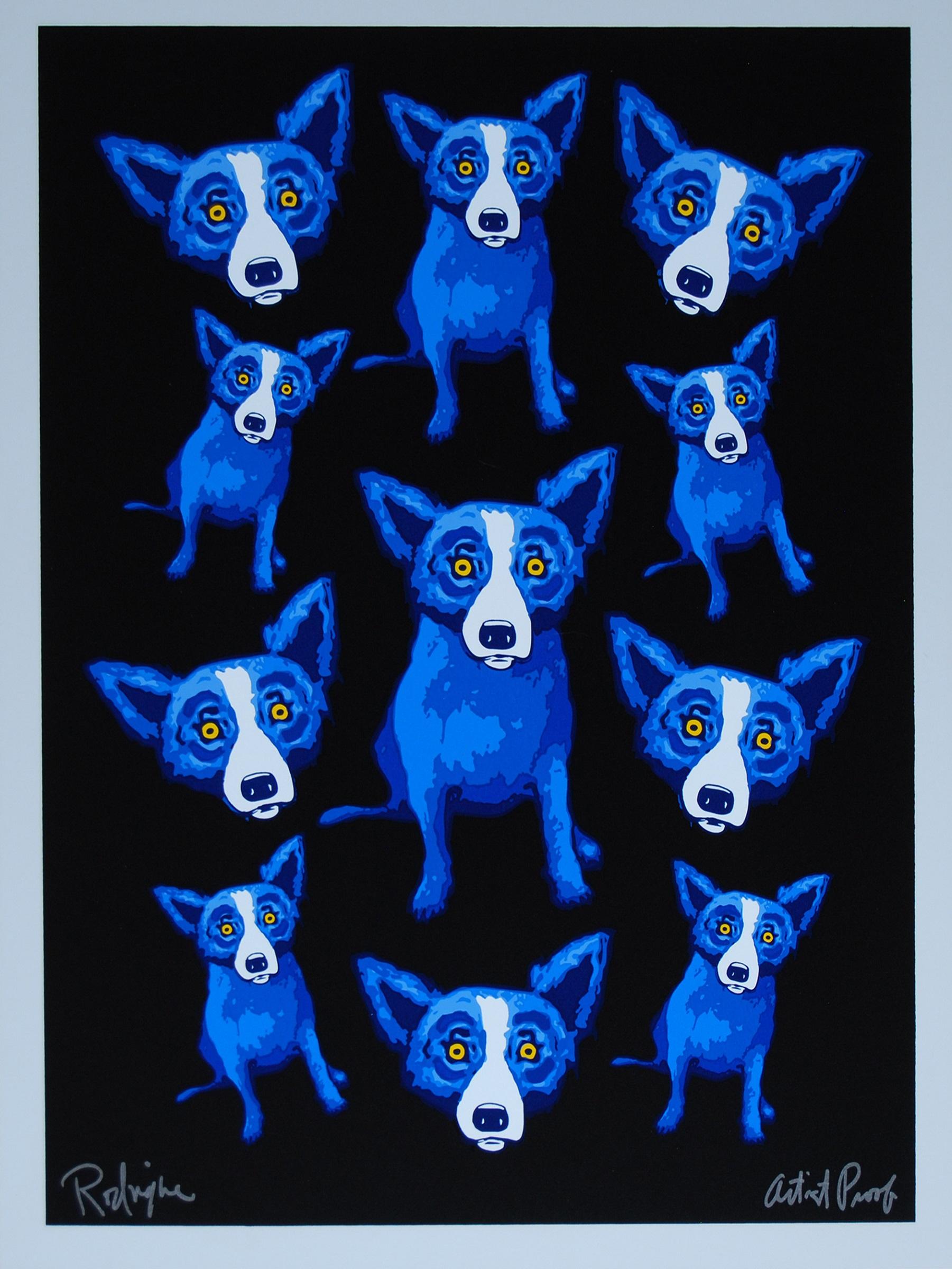 George Rodrigue Animal Print - Group Therapy Black - Signed Silkscreen Blue Dog Print