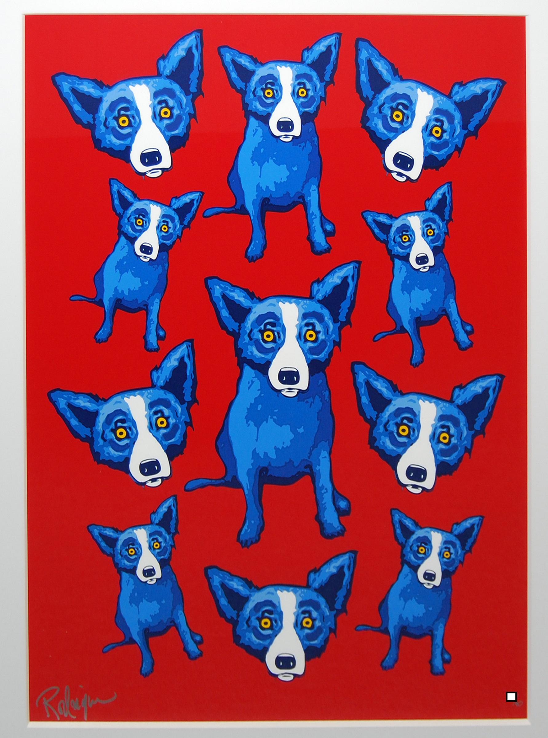 George Rodrigue Animal Print - Group Therapy Red - Signed Silkscreen Blue Dog Print