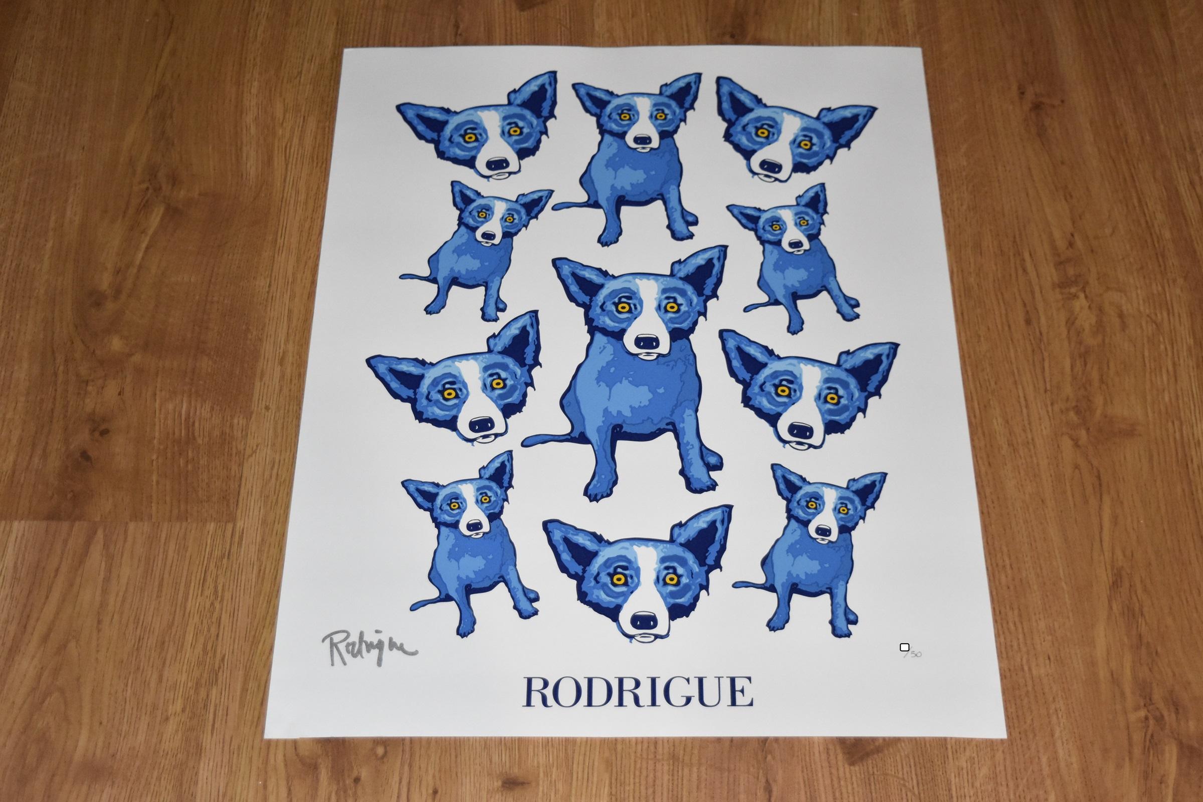 Group Therapy White - sérigraphie de chien bleue signée - Print de George Rodrigue
