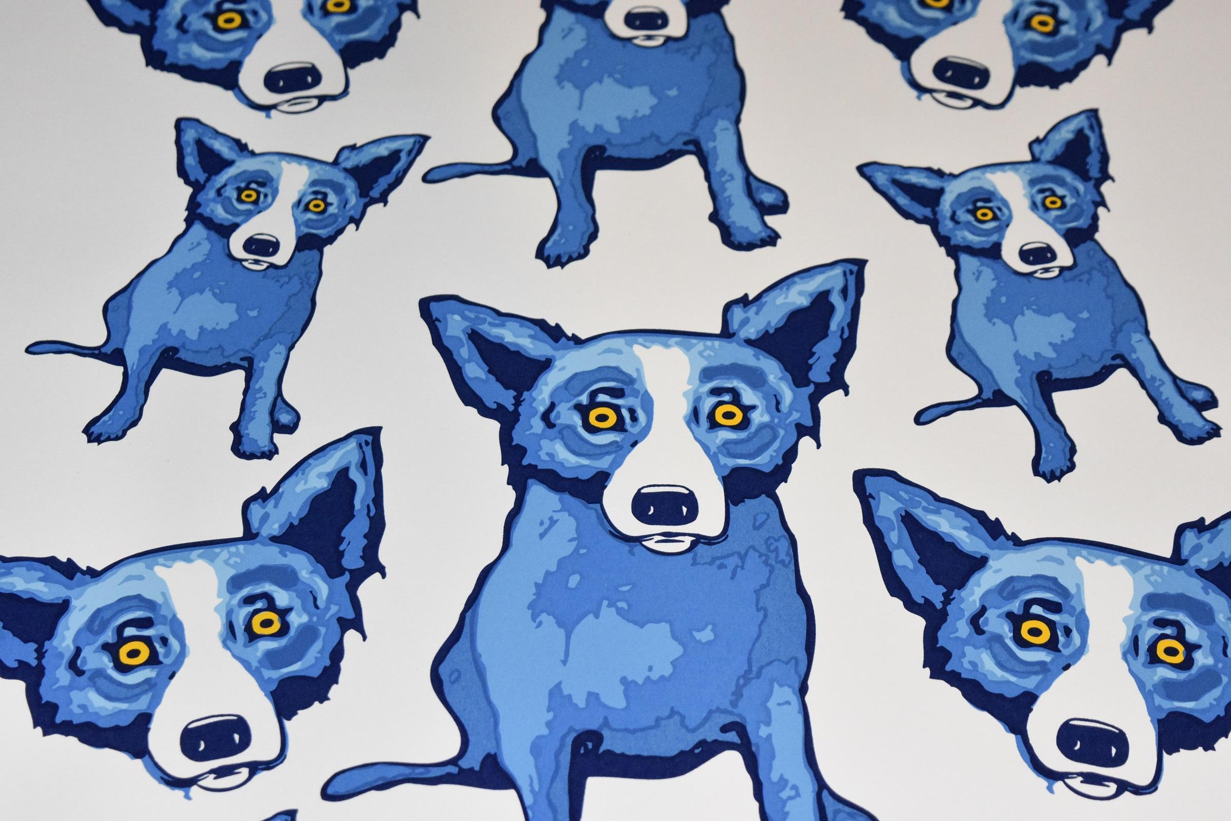 This Blue Dog work consists of a white background with 1 blue dog surround by varying degrees of blue dog heads and a single dog in the center.  