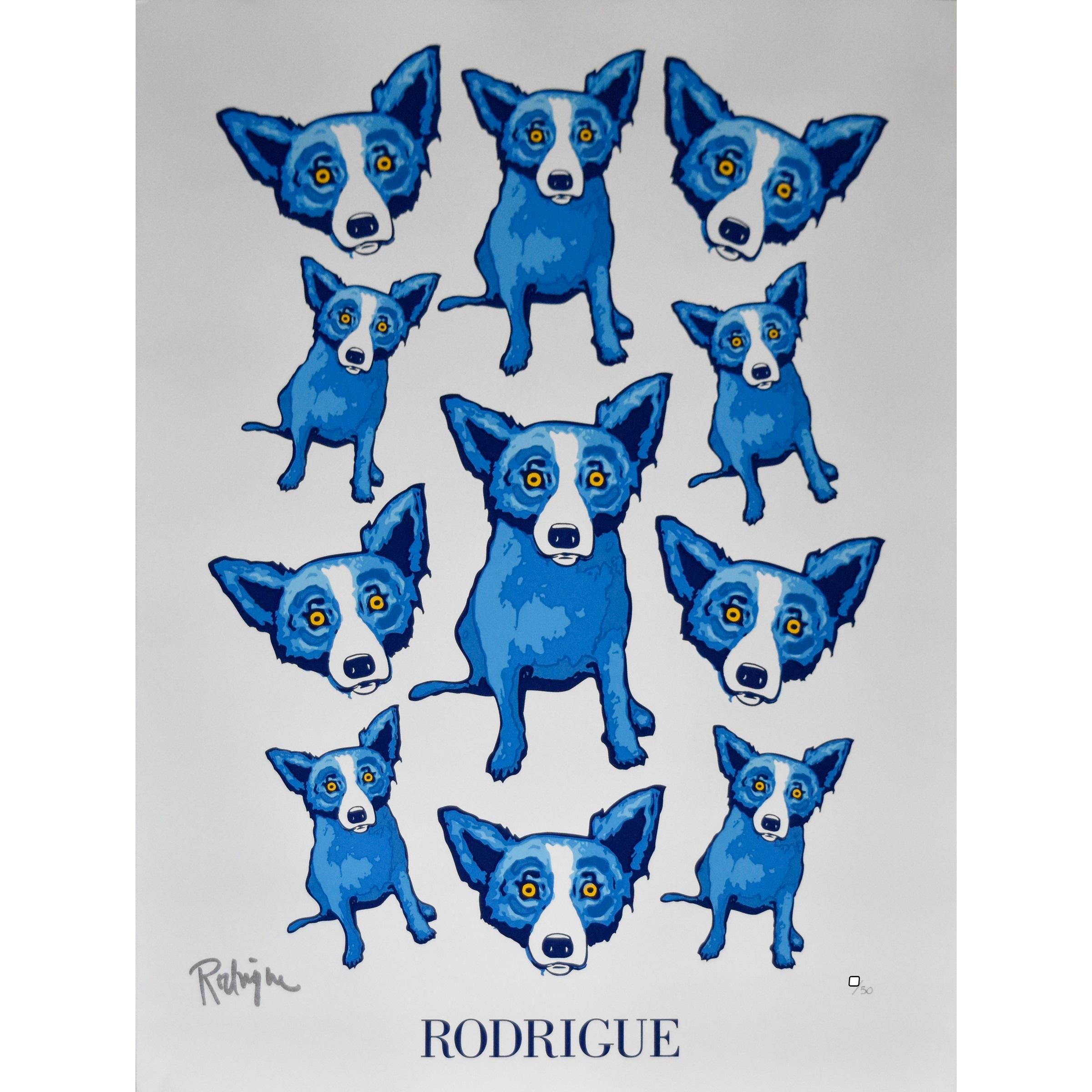 George Rodrigue Animal Print - Group Therapy White - Signed Silkscreen Blue Dog Print
