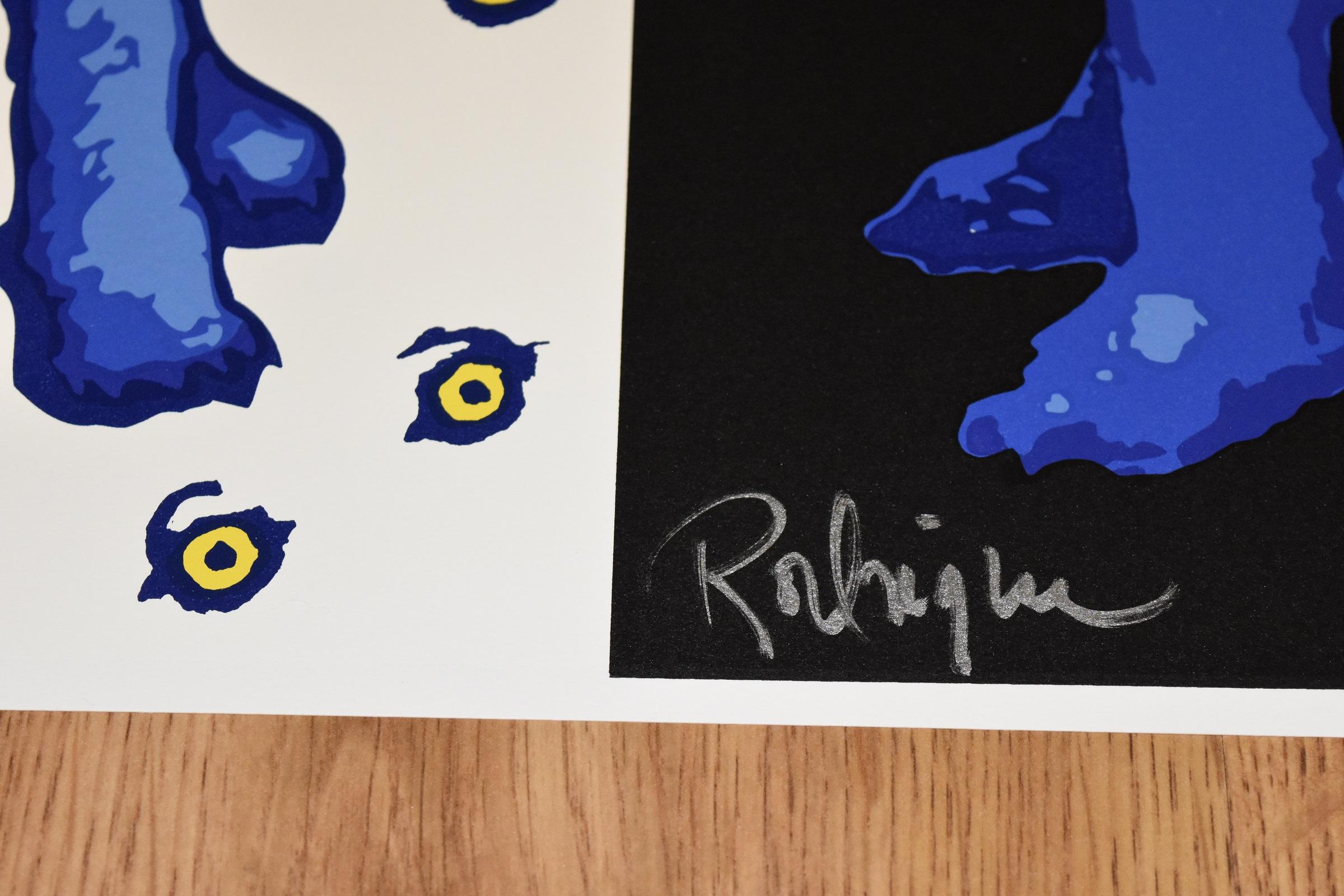 This Blue Dog work consists of 2 dogs with soulful yellow eyes.  One dog is on a black background and the other dog is on a white background covered in the dog's soulful yellow eyes scattered throughout.  This pop art animal original silkscreen