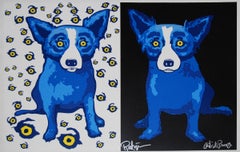 Moitié-moitié noir/yeux - Sérigraphie signée - Chien bleu