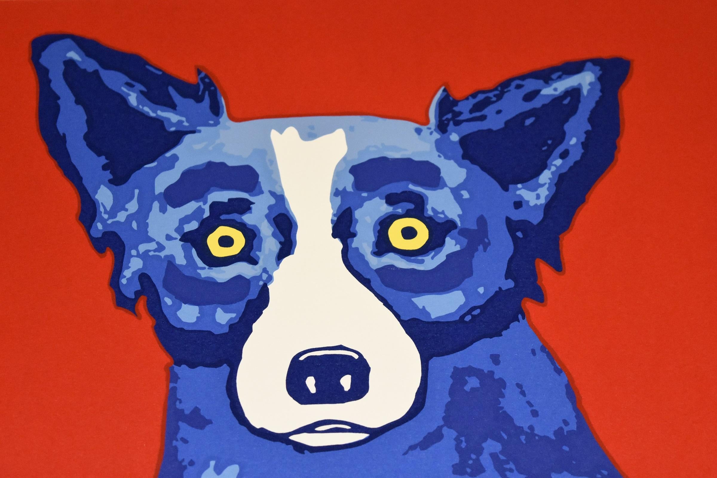 This Blue Dog work consists of 2 blue dogs: one on a black background and one on a red background.  Both dogs have soulful yellow eyes.  This pop art animal original silkscreen print on paper is hand-signed by the artist.

Artist:  George