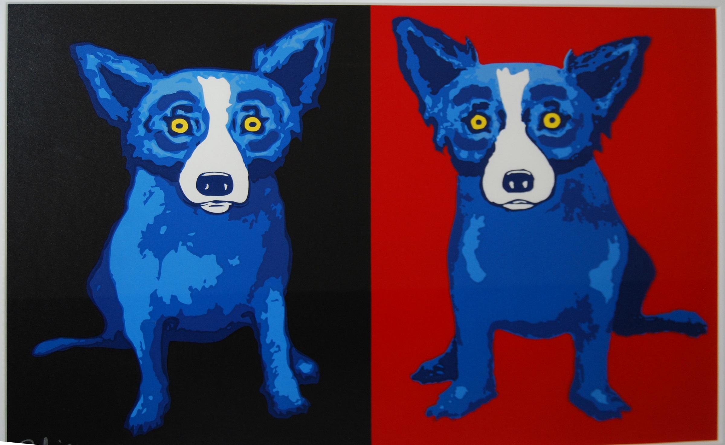 George Rodrigue Animal Print - Half-n-Half Black/Red - Signed Silkscreen Print Blue Dog