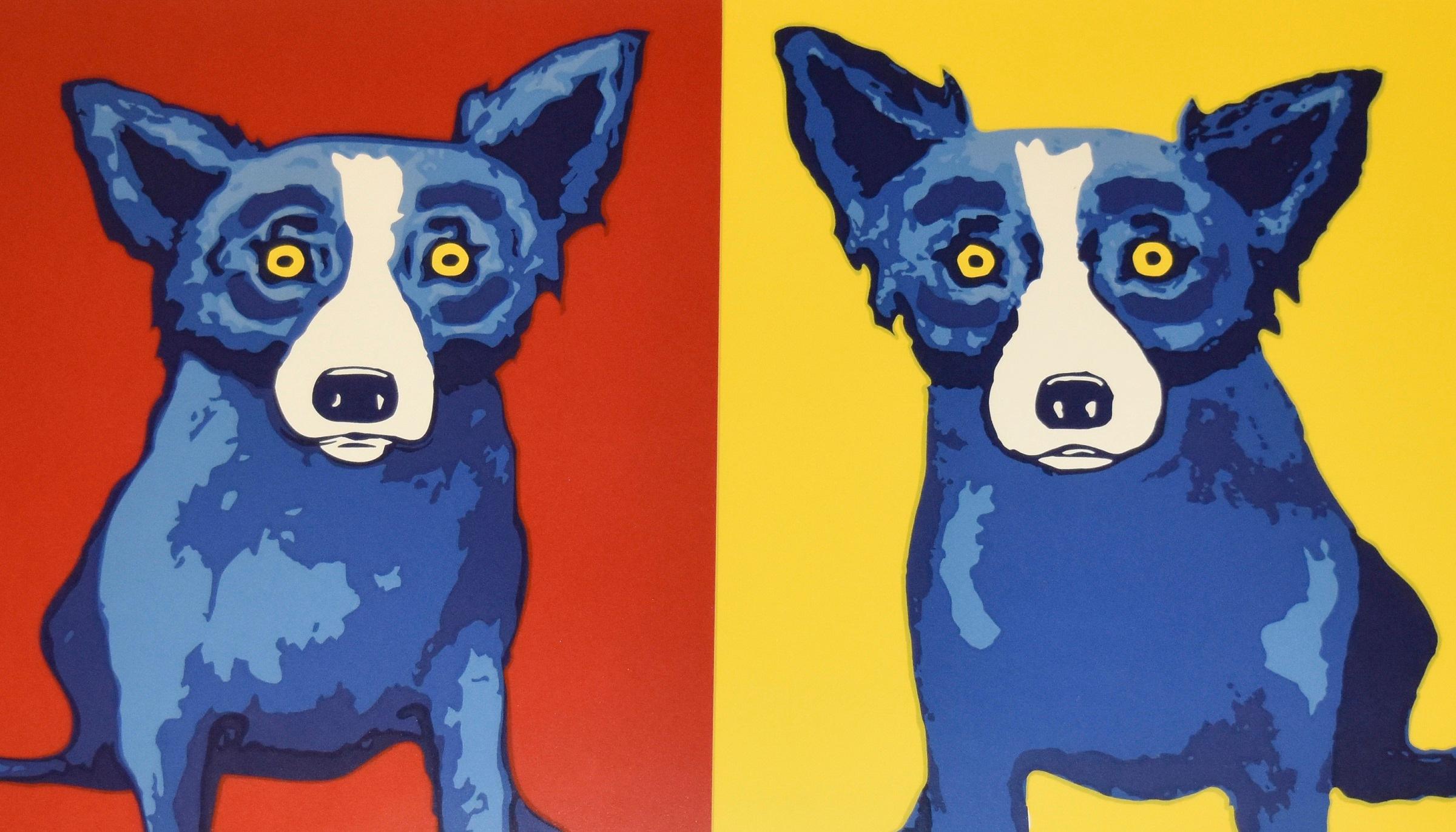 Tissu en soie rouge/jaune avec chien bleu imprimé, signé - Pop Art Print par George Rodrigue