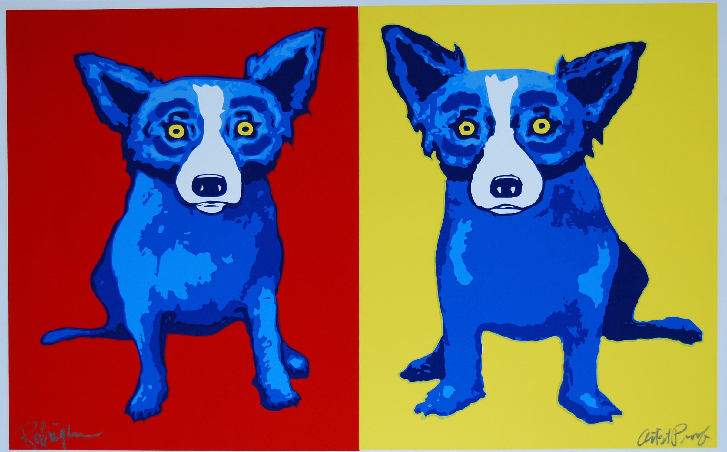 Animal Print George Rodrigue - Tissu en soie rouge/jaune avec chien bleu imprimé, signé