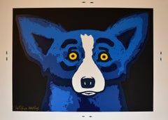 Head Over Heels Black - Signed Silkscreen Print Blue Dog