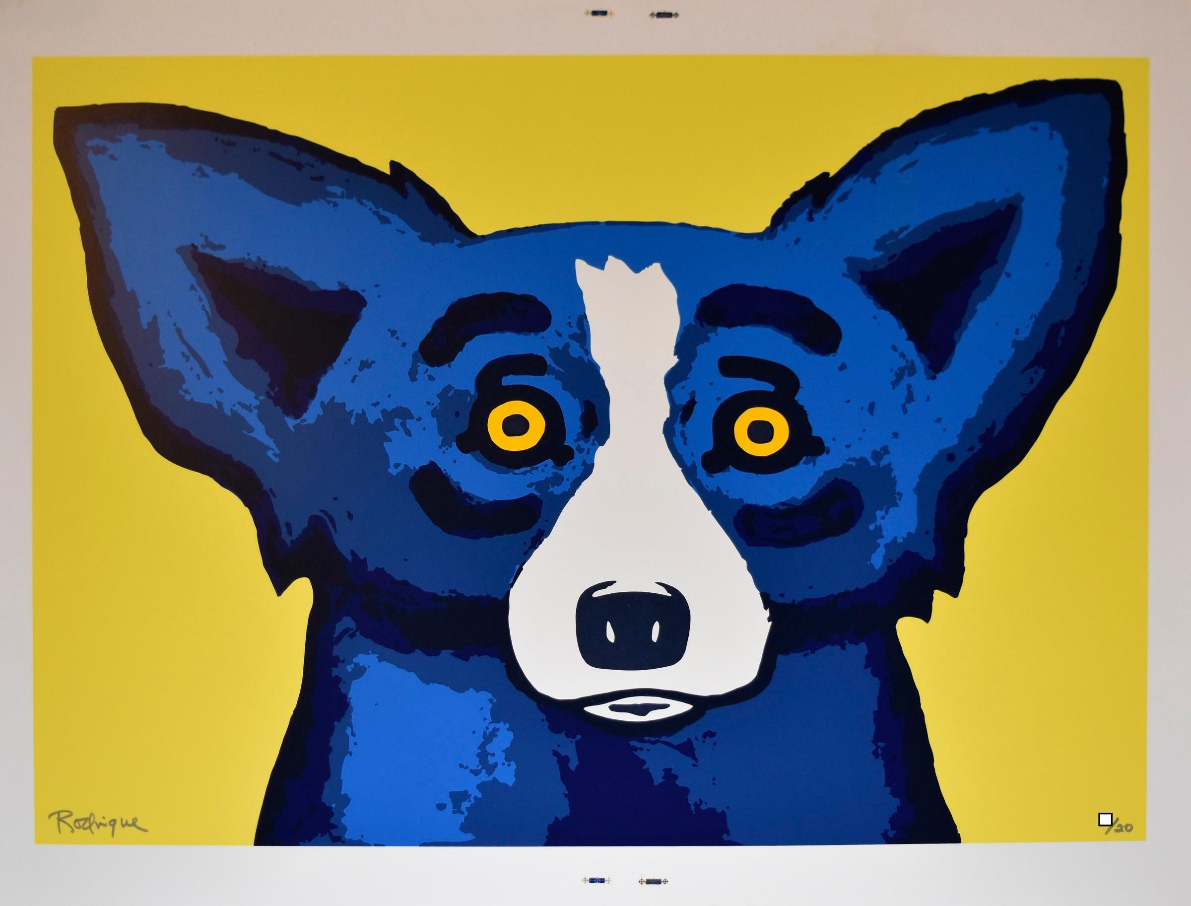 Head Over Heels Yellow - Signed Silkscreen Print Blue Dog