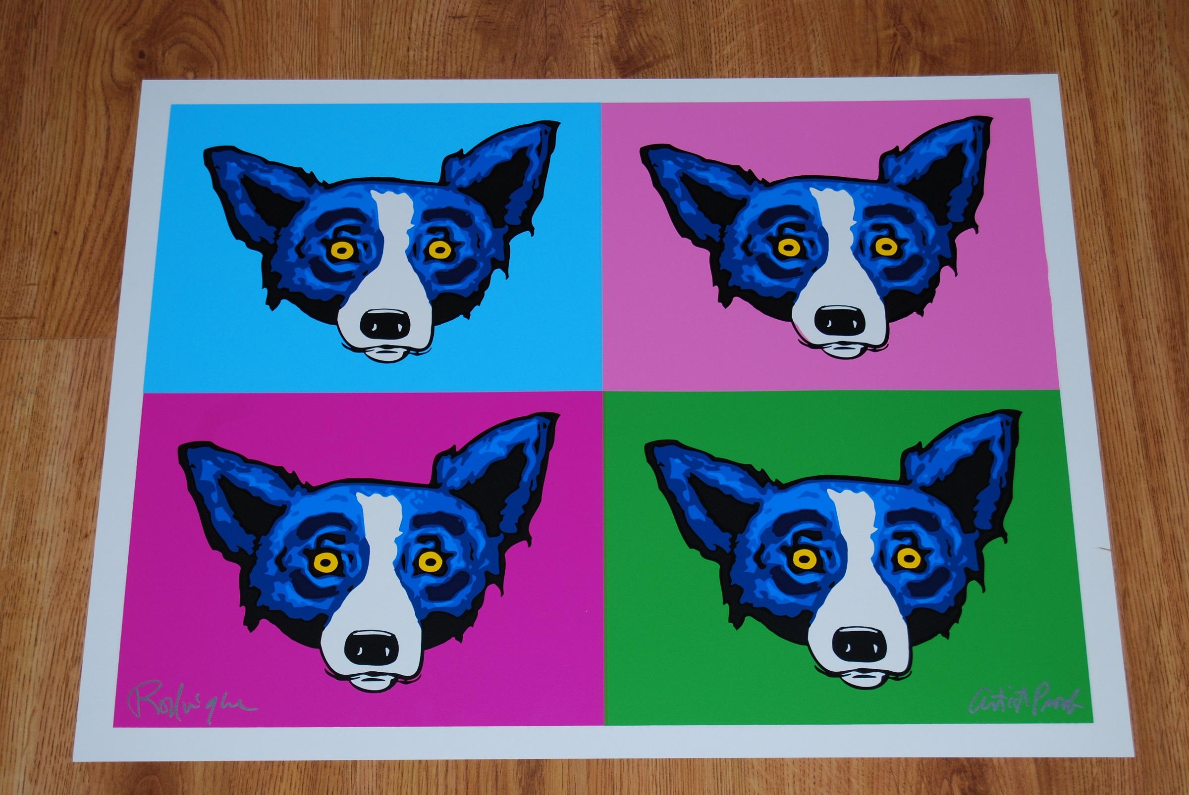 Têtes ou queues de chien - Sérigraphie de soie imprimée bleue signée - Print de George Rodrigue