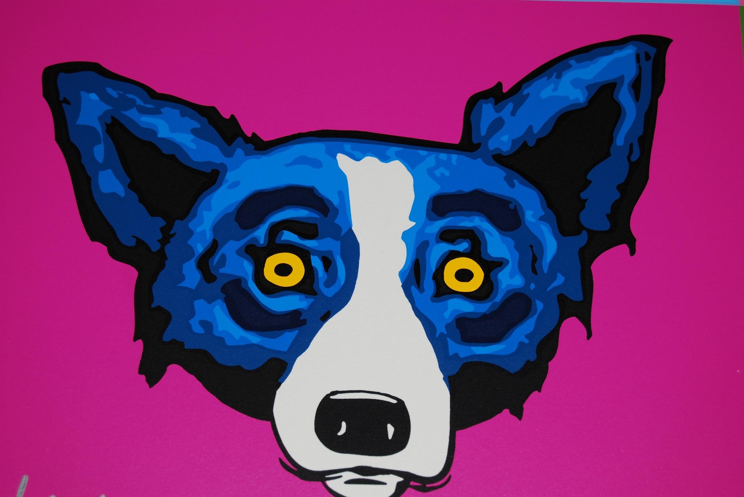 Cette œuvre Blue Dog se compose de 4 cadres, 1 de chaque couleur : bleu, rose, fuchsia et vert.  Chaque cadre contient la tête d'un chien bleu aux yeux jaunes pleins d'âme.  Cette sérigraphie originale pop art sur papier est garantie authentique et