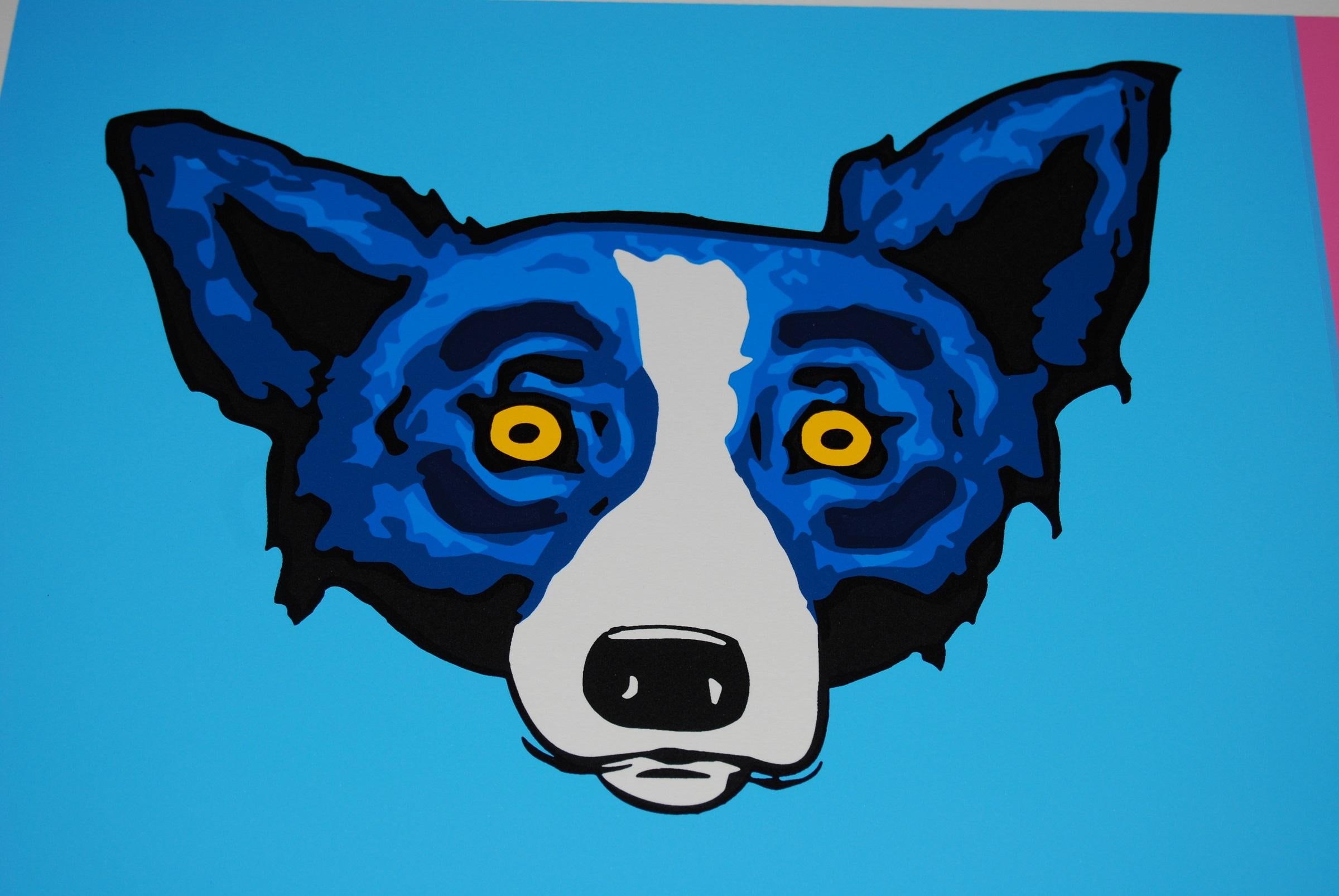 Questo lavoro Blue Dog è composto da 4 cornici, 1 ciascuna di colore blu, rosa, fucsia e verde.  Ogni cornice contiene la testa di un cane blu con i suoi occhi gialli.  Questa serigrafia originale di animali pop art su carta è garantita come