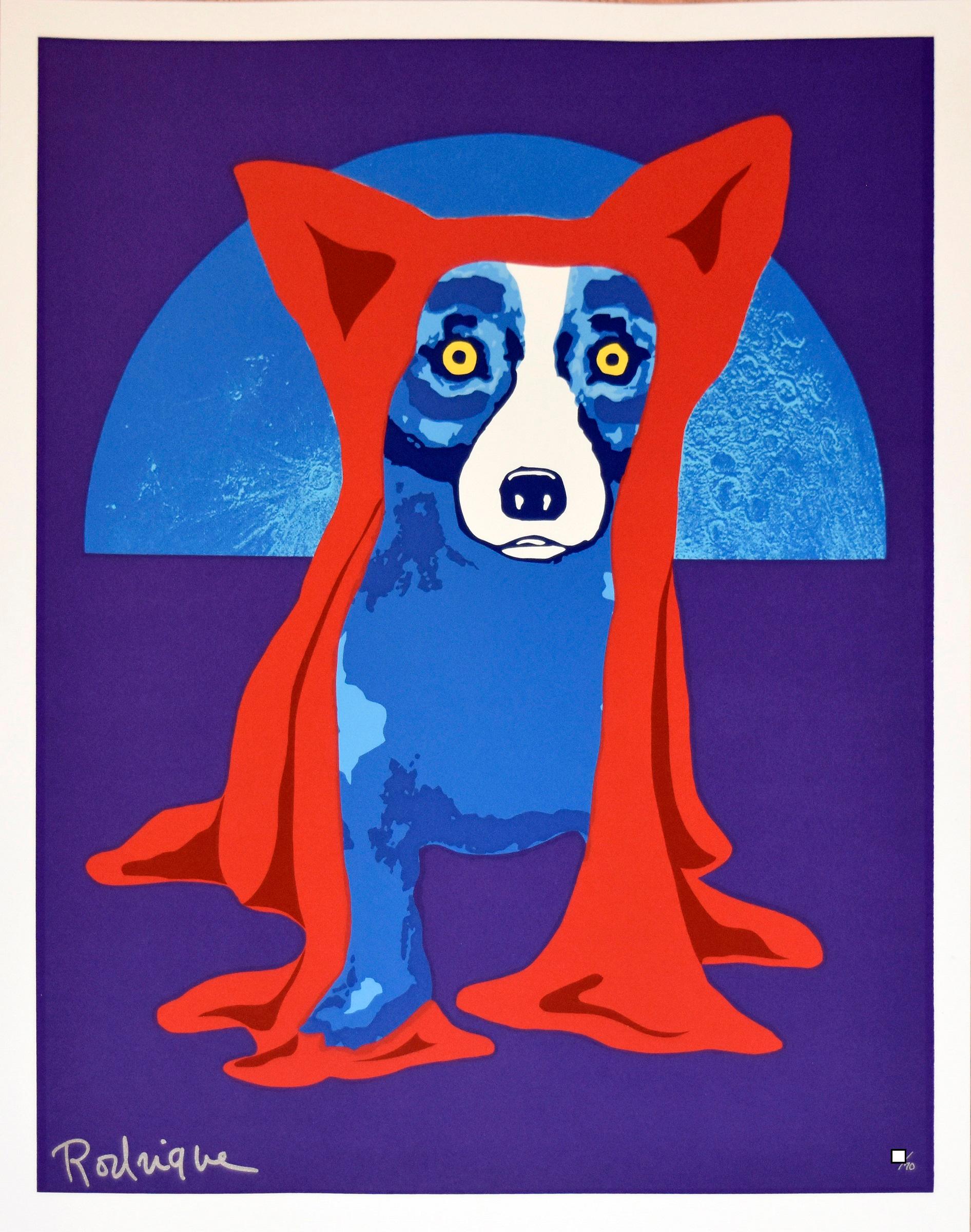 George Rodrigue Animal Print - Hiding From The Moon - Signed Silkscreen Print Blue Dog